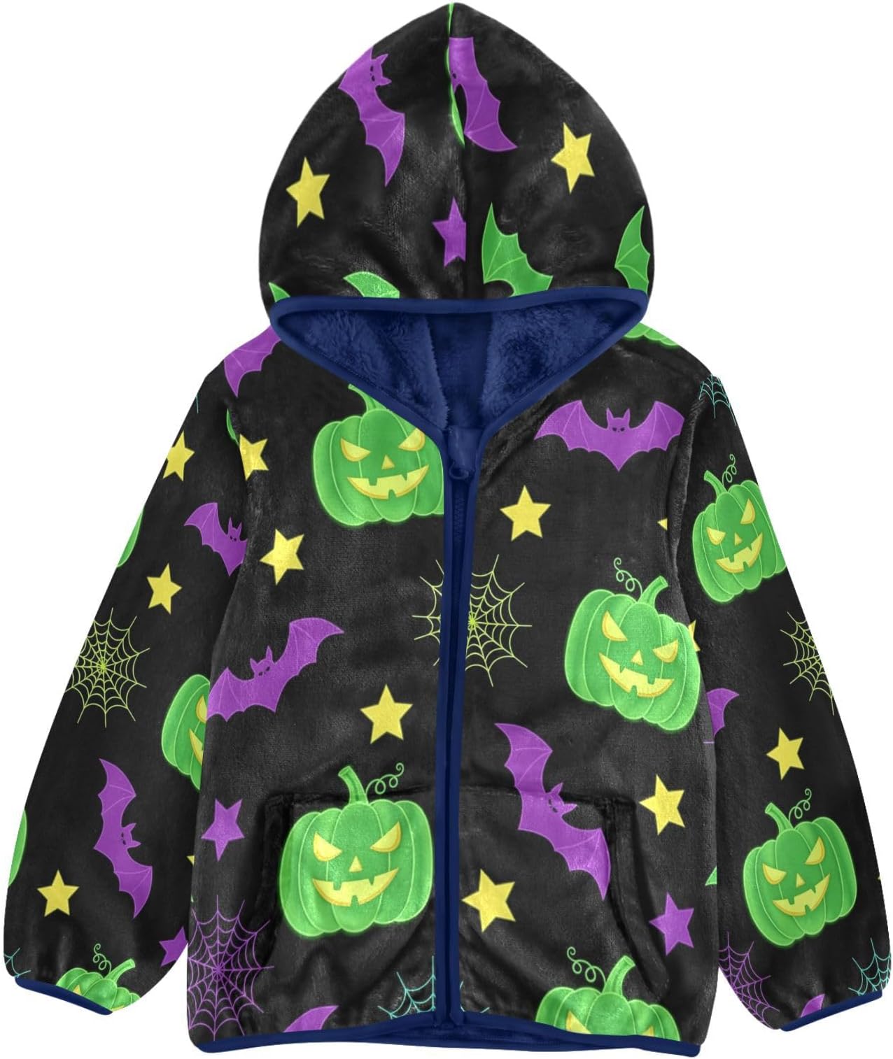 Halloween Pumpkins Bats Spiders Toddler Fleece Jacket Girl Boys Hooded Fleece Jacket Coat Warm Outwear Zip-up 3-10T