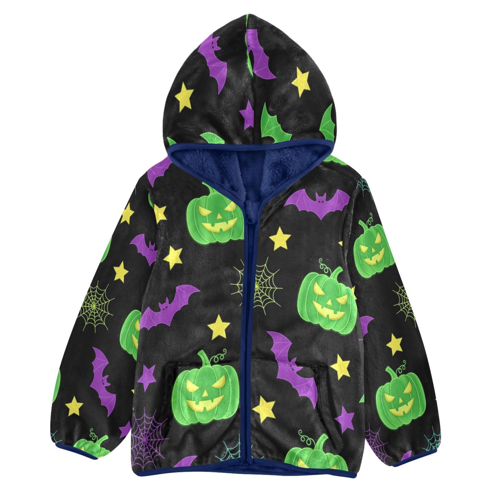 Halloween Pumpkins Bats Spiders Toddler Fleece Jacket Girl Boys Hooded Fleece Jacket Coat Warm Outwear Zip-up 3-10T