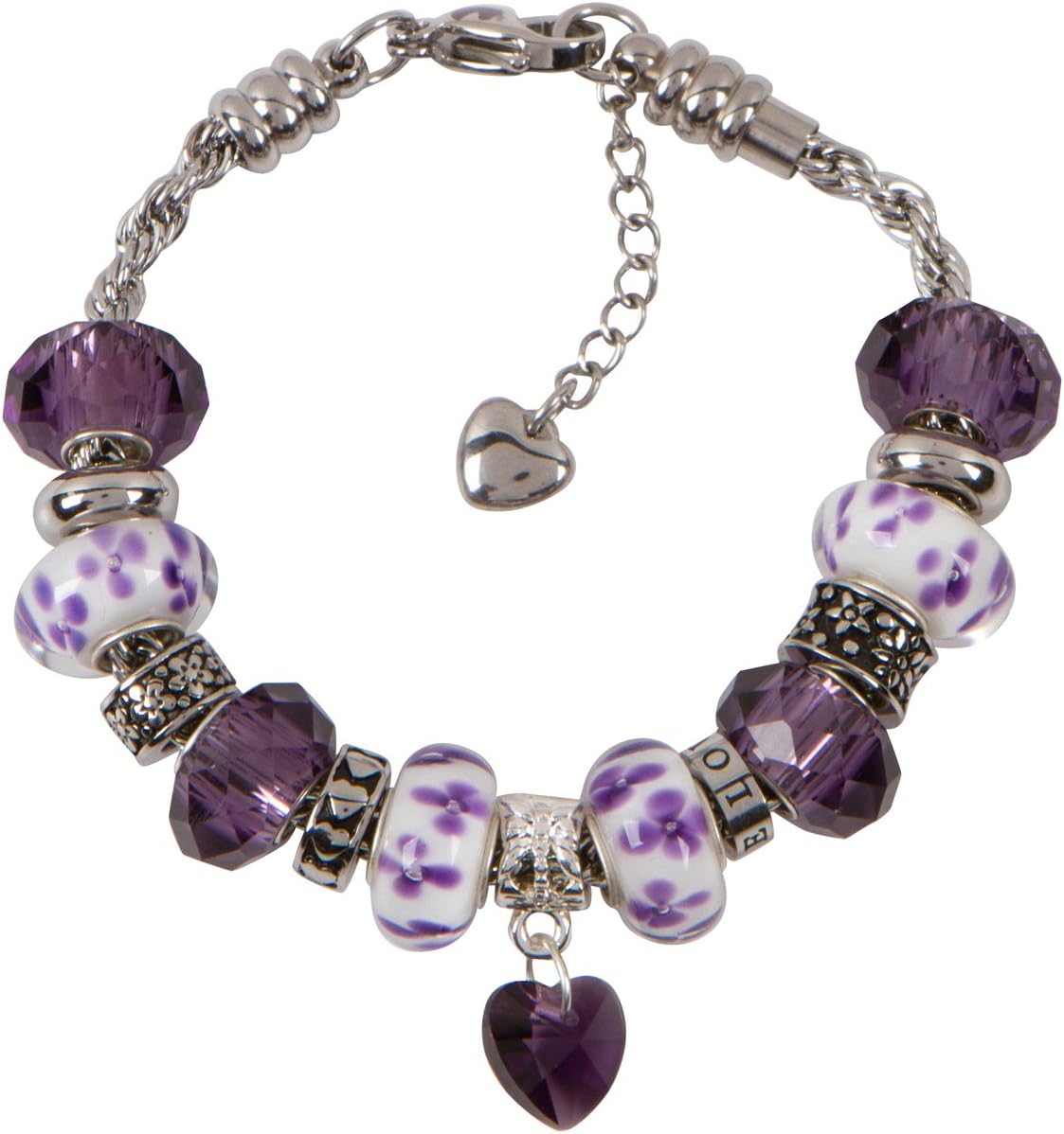 Purple Charm Bracelet with European Bead Charms for Girls, Stainless Steel Rope Chain, Harmony 6.5 Inch
