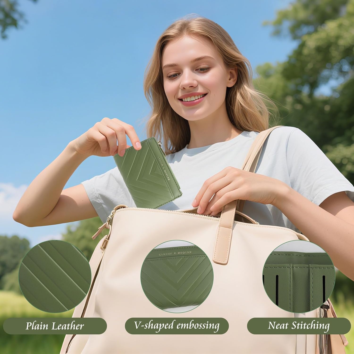 Andiker Slim Wallet for Women, Compact Bifold Women's Wallet with V-shaped Embossing and Zipper Pocket Soft Leather Card Holder for Women (Green) - Image 3