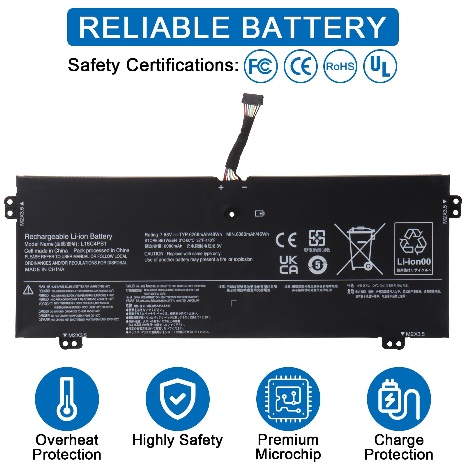 Batterie PC Portable OPAHUTER Pour Lenovo Yoga 730-13IWL, 720-13IKB - 48Wh, 6080mAh, Compatible L16C4PB1/L16L4PB1