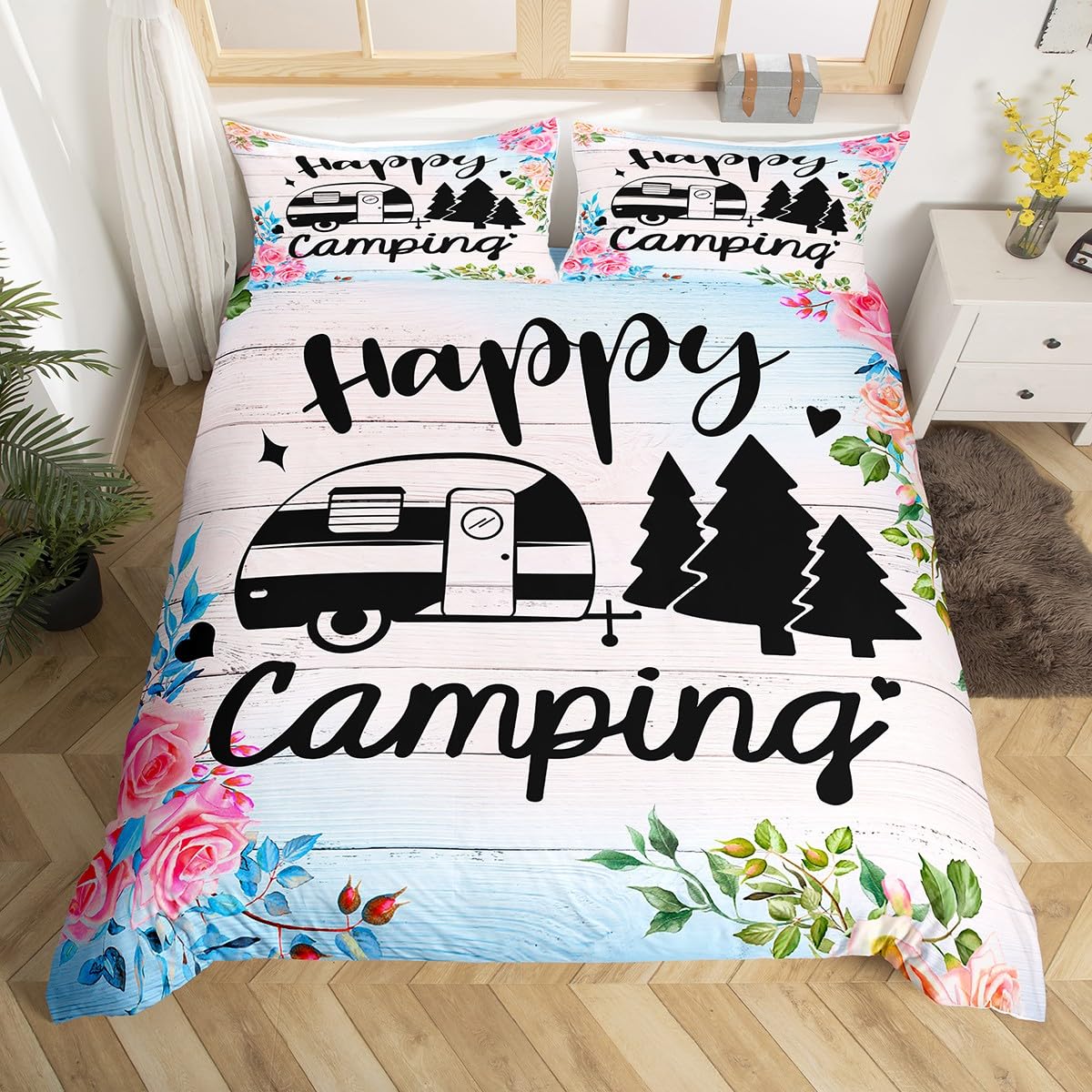 Homemissing Pink Flower Cartoon Camping Car Duvet Cover Great Camping Bedding Set Vintage Camping Car for Kids Rv Camping Decor With 2 Pillow Case Double