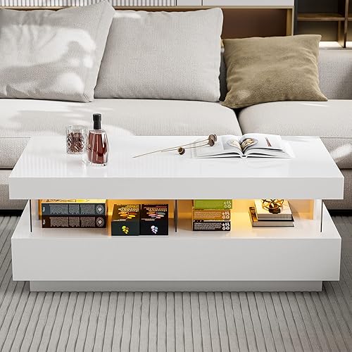 Miniatura 16 de Mesa de centro LED moderna, mesa de centro blanca de alto brillo con luces LED de 16 colores, mesa de centro rectangular contemporánea para sala de