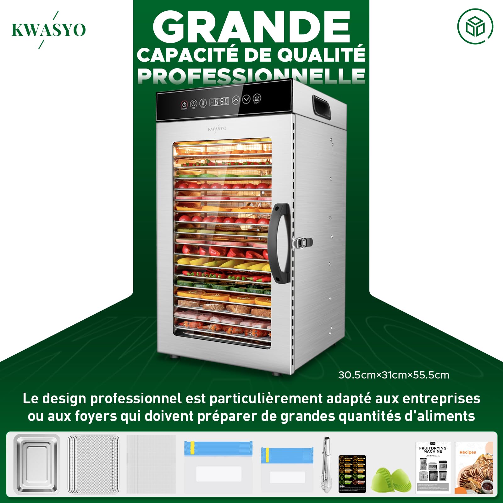 Kwasyo Déshydrateur Alimentaire Professionnel 18 Plateaux, 800W Déshydrateur en Acier Inoxydable avec Circulation d’Air à 360°, Grande Capacité pour Viande, Fruits, Légumes, Herbes