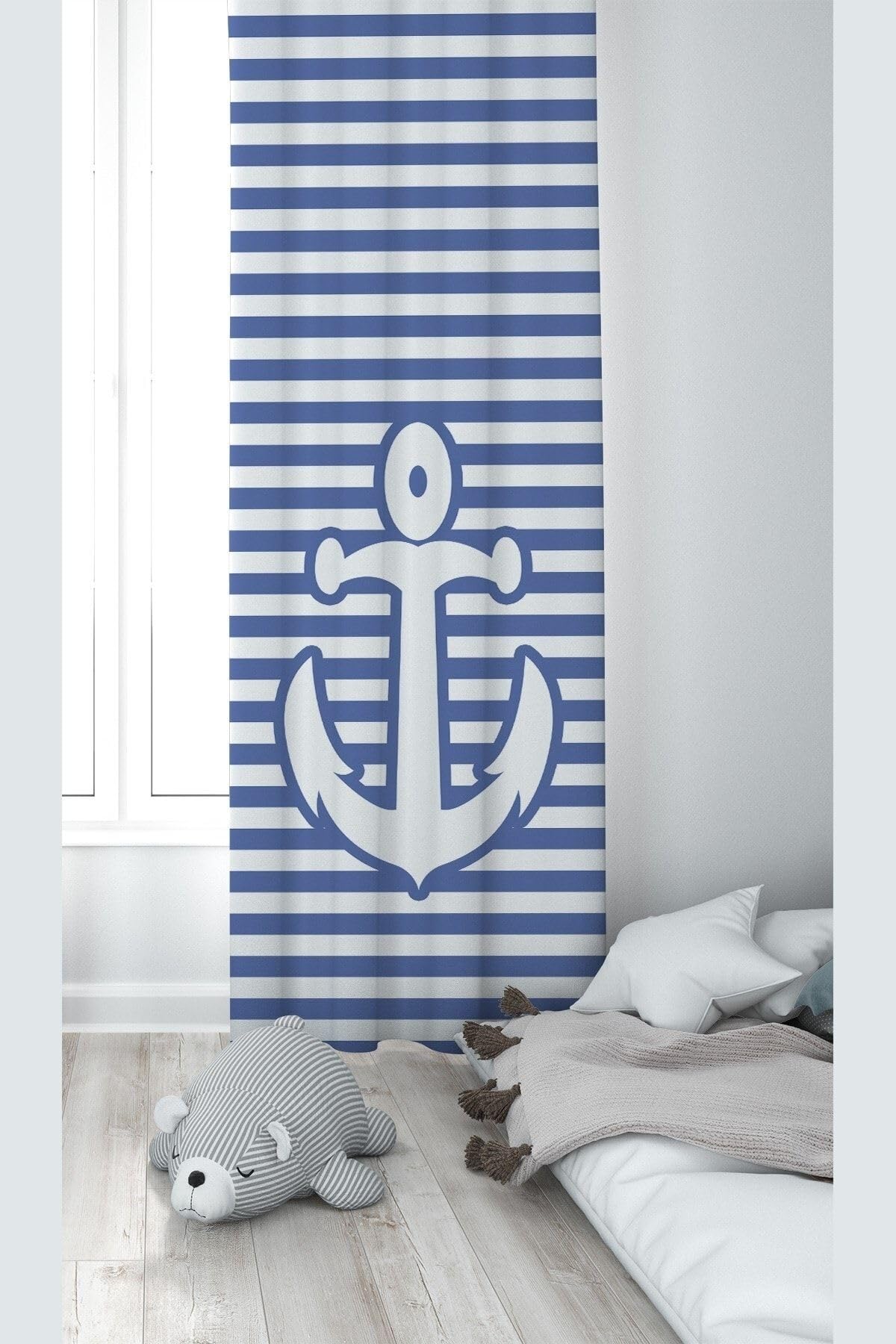 Pelangi Beyaz Mavi Çapa Desenli Dijital Baskı Yıkanabilir Bebek Çocuk Odası Fon Perdesi, indigo mavi-beyaz 70 x 200