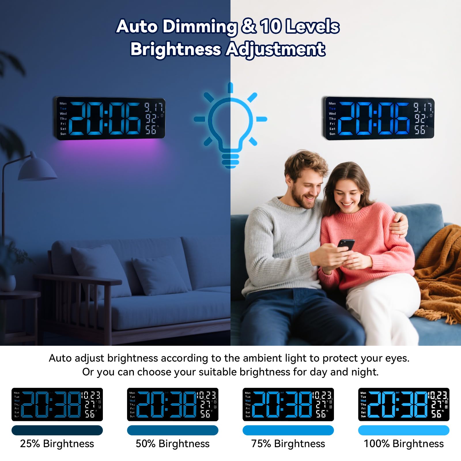 Digitale Wanduhr, großes Display, 43,9 cm (17,3 Zoll) Digitaluhr mit RGB-Farb-Fernbedienung, automatische Dimmung, große Wanduhr mit Nachtlicht, automatische DST, Datum, Woche, Temperatur für