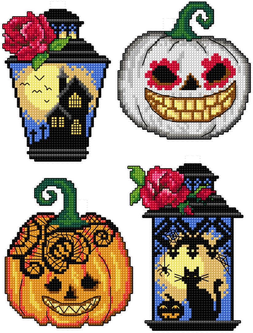 Counted Cross Stitch Kit on Plastic Canvas with Halloween Gothic. 4 Superior Ornaments Different Dimensions 159CS. Plastic Canvas Sheets. Marvelous for Embroidery & Needlecraft Amateurs