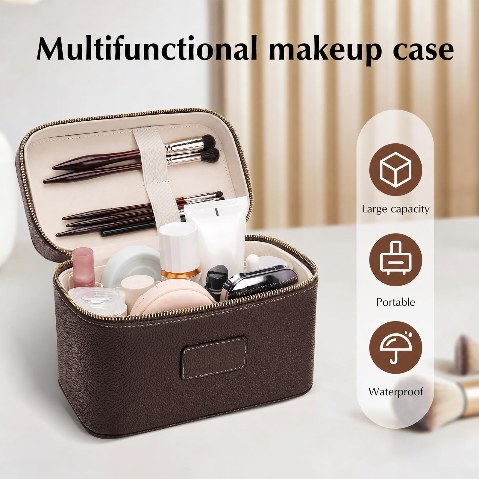 Kosmetiktasche Groß, Lederimitat Kulturtasche Damen, Travel Make Up Bag mit Fächern und Griff, Reise Leder Beauty case Schminktasche Hartschale