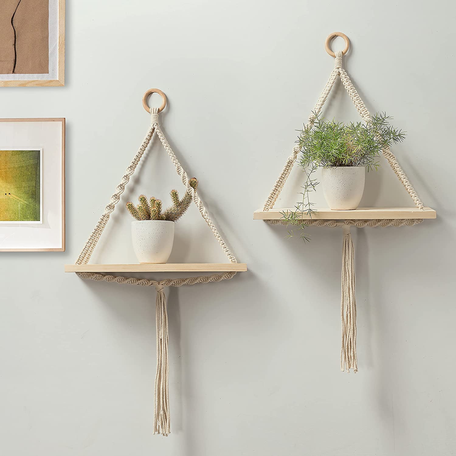 Macrame Wall Hanging Shelf, Decorative Handmade Floating Wooden Shelve, Items for Living Room Bed Room, Gift Item Kitchen, Size 16 x 5 x 24 Inch,Off White, 1-Pcs, GD-09