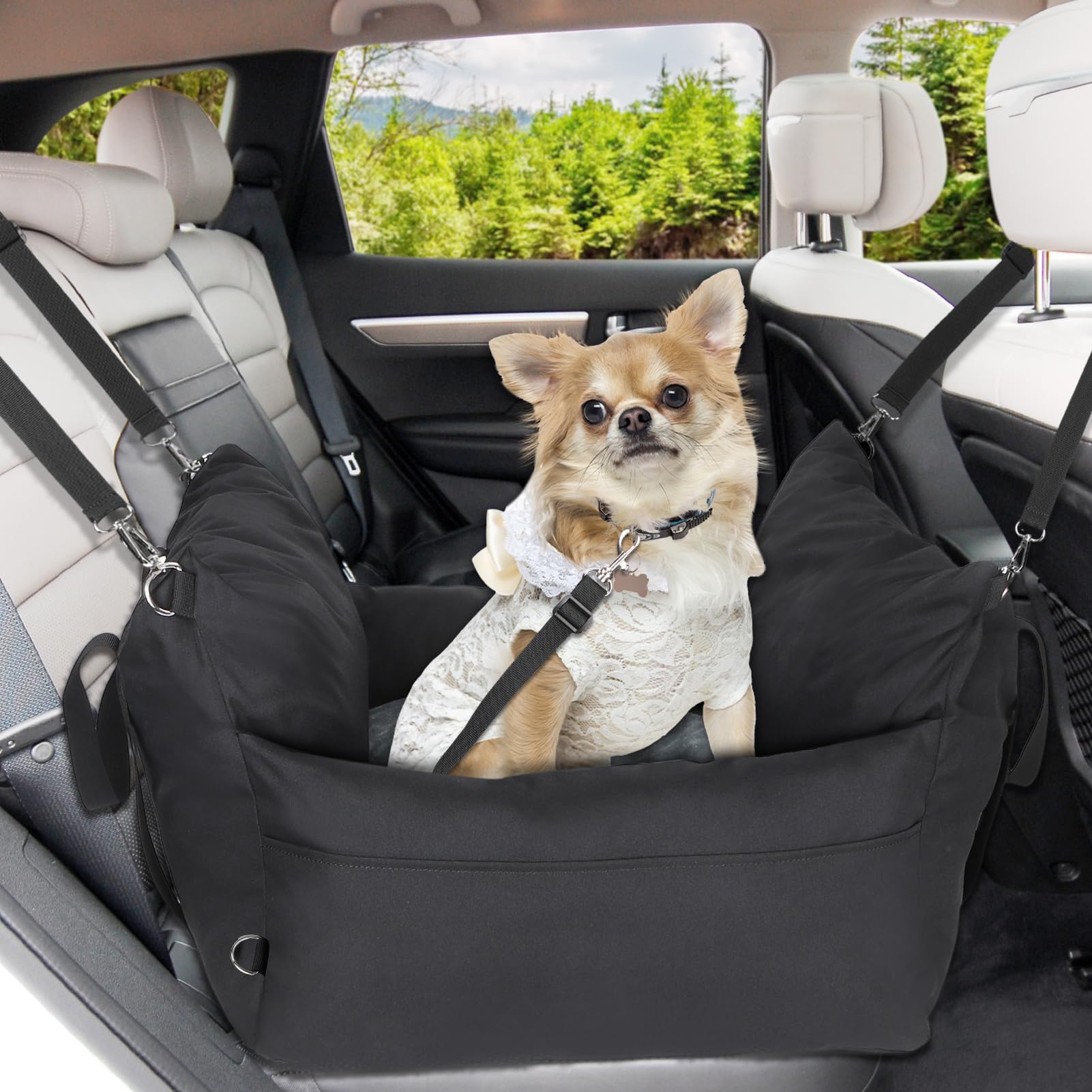 Avmvnvc Asiento Perro Coche Pequeño, Cama Perro Coche Portátil 2-in-1, Asientos Elevadores de Coche para Perros con Cojín Desmontable y Lavable, Correa de Seguridad y Bolsillos Laterales, Negro
