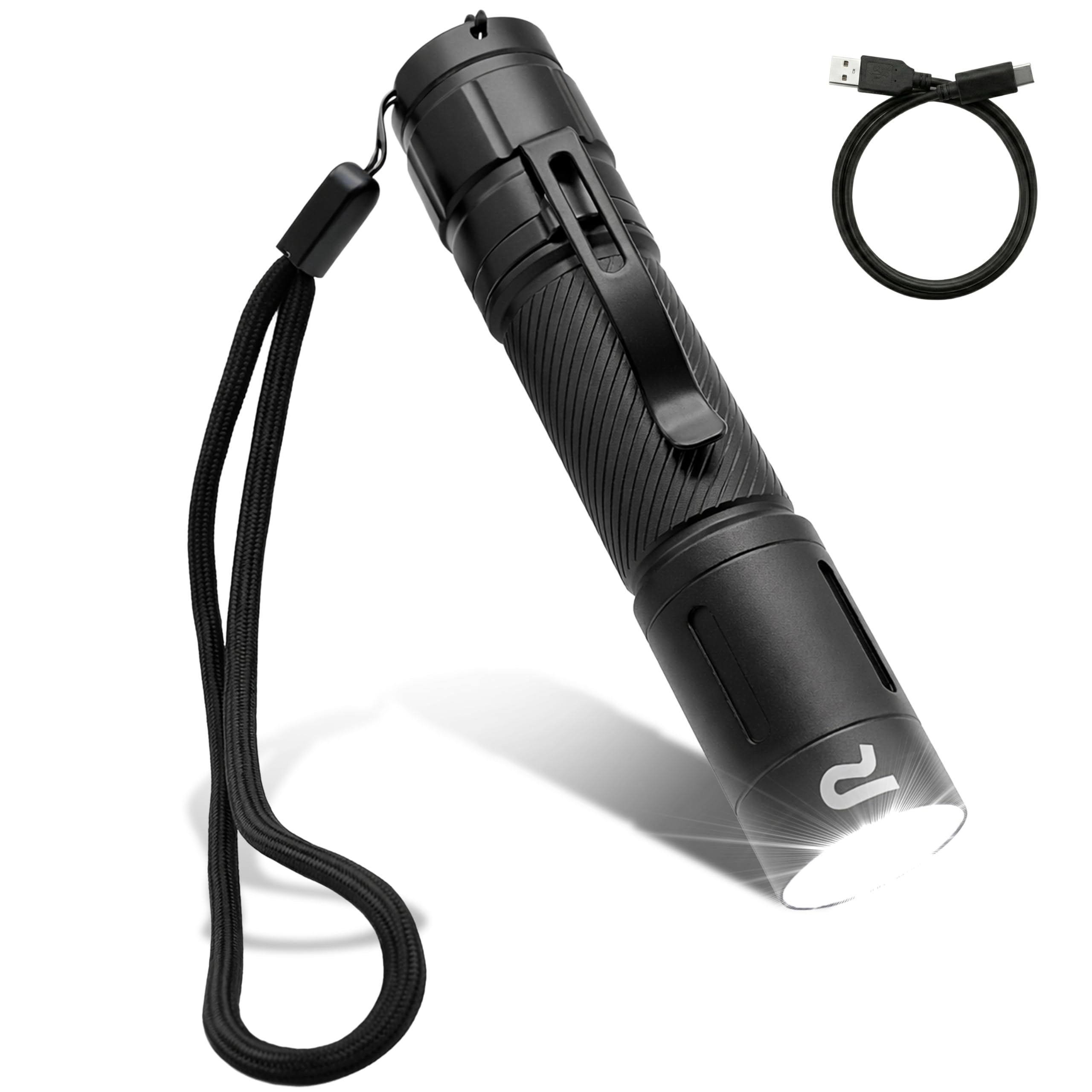 Generico Torcia Professionale Ricaricabile USB LED Alluminio 11,8 cm Nero