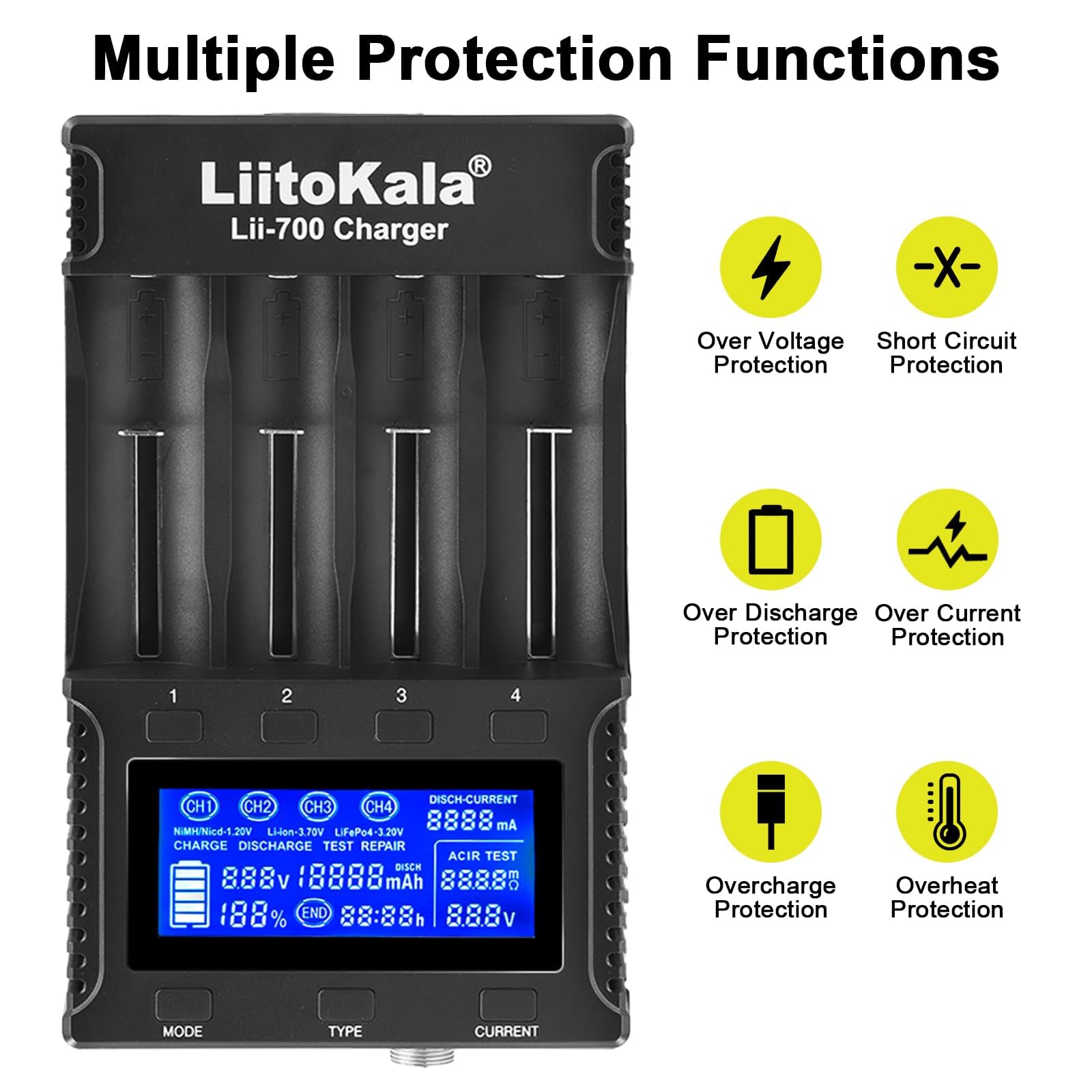 Cargador Inteligente Liitokala Lii-700 para batería de Ion de Litio, Prueba de Resistencia Interna, detección de Capacidad y Modo de reparación con Adaptador de 12 V 5 A 32700/26700/26650 AA y AAA