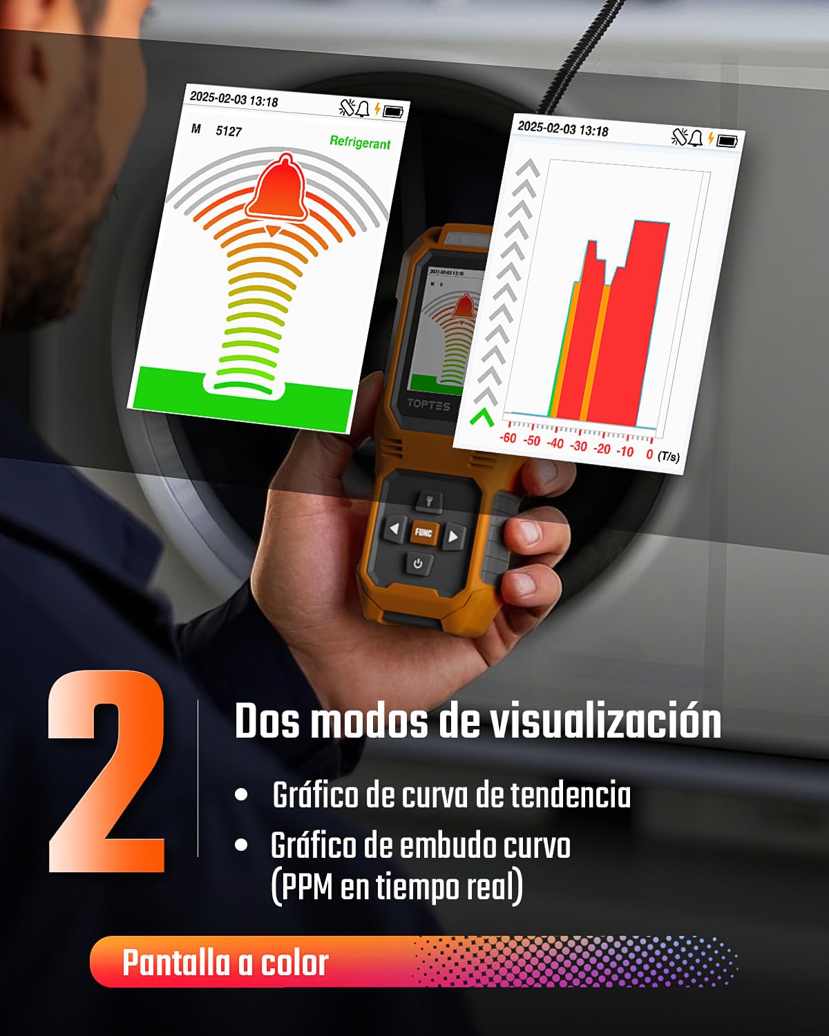 TOPTES RT-389 Detector de Fugas de Refrigerante Recargable, Detector de Fugas de Freón con 3 Modos de Sensibilidad y 3 Tipos de Alarma, para CFC HCFC HFC HFO HC para Coche, Hogar e Industria – Naranja