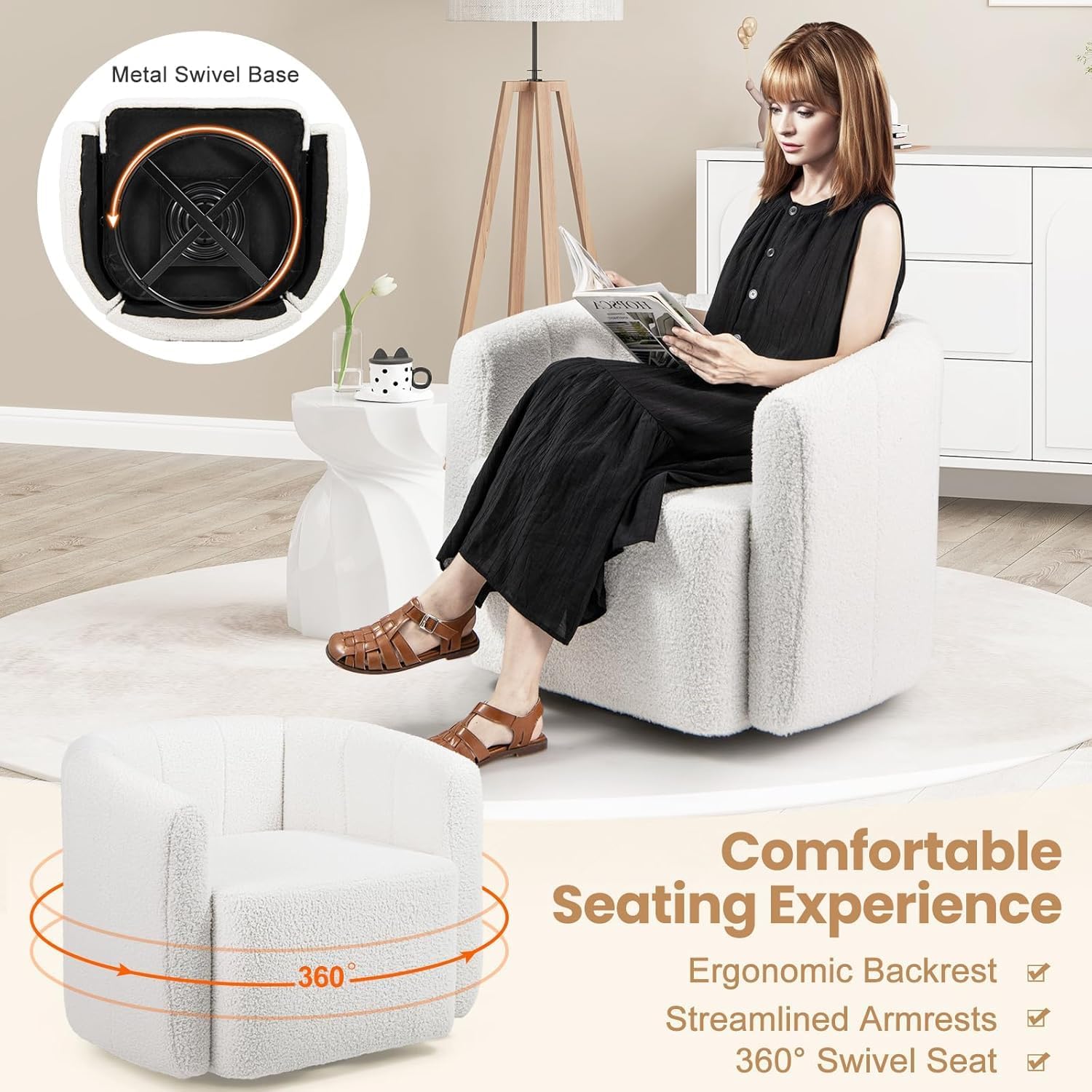 KOMFOTT Swivel Barrel Chair, Sherpa Fabric Accent Chair with Curved Backrest & Armrests, Upholstered Armchair with Wide Seat, Pumpkin Shaped Single Sofa Chair for Living Room, Bedroom, White