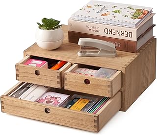 KIRIGEN Cajas de Madera para cajones Planos de Archivos, Cajas de Almacenamiento con Compartimentos, Montaje sin Herramientas 2 Niveles/3 cajones Color marrón