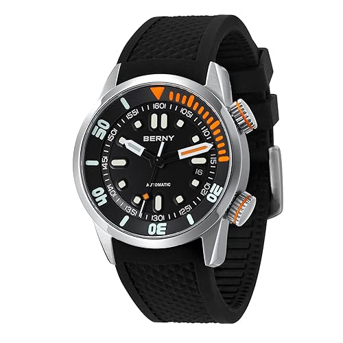 BERNY Men's Dive Watch, Fashion Mechanical Automatic Watches for Men, 20AMT Waterproof Male Wrist Watch, Super Luminous Sapphire Glass Comfortable Silicone Watch Band Luxury Birthday Presents