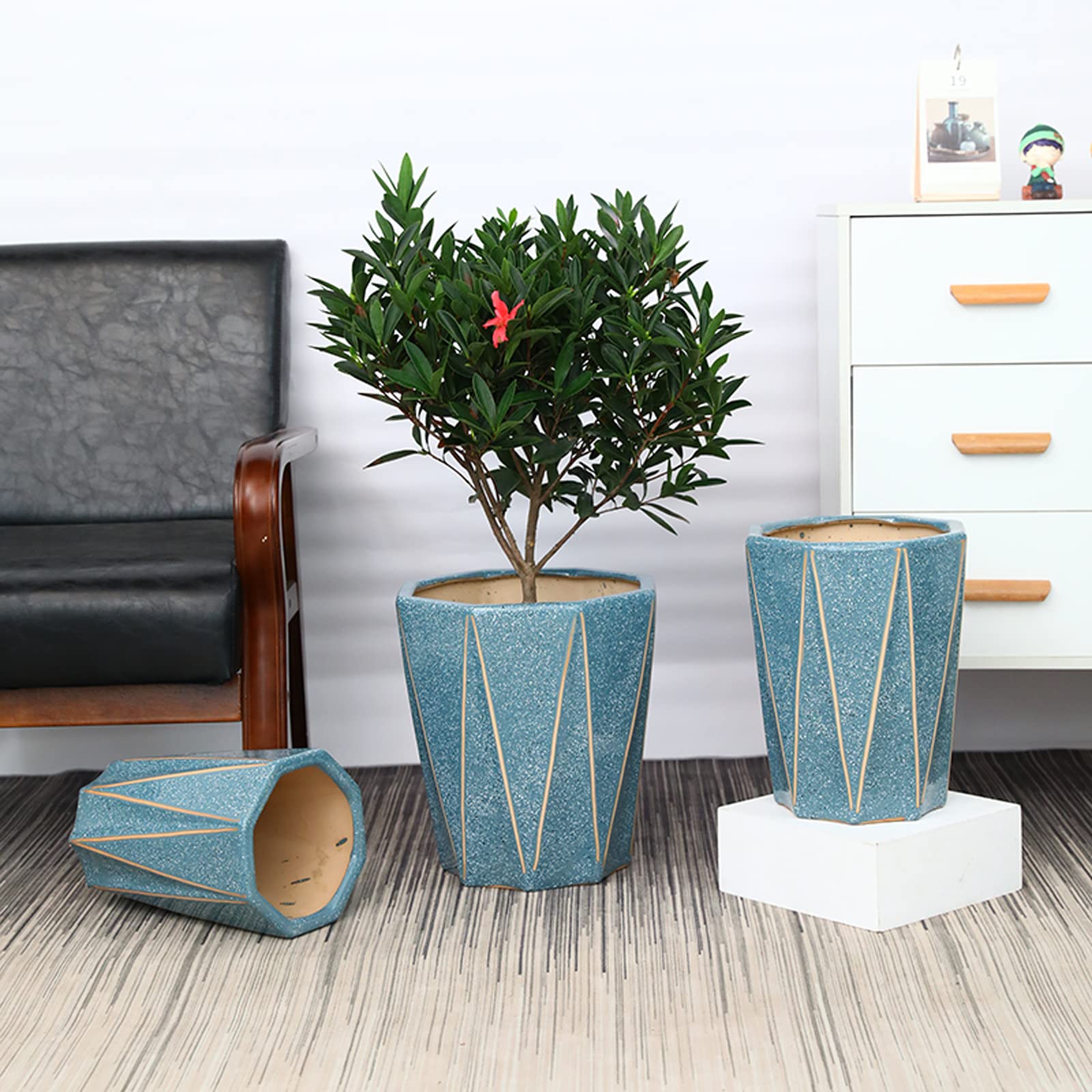 Vasi da Giardino Vasi da Fiori con Geometria da 7,8/10,2/12,5 Pollici, vasi per Piante in Ceramica a Punti Colorati con Fori di drenaggio per casa, Piante da Esterno, Blu