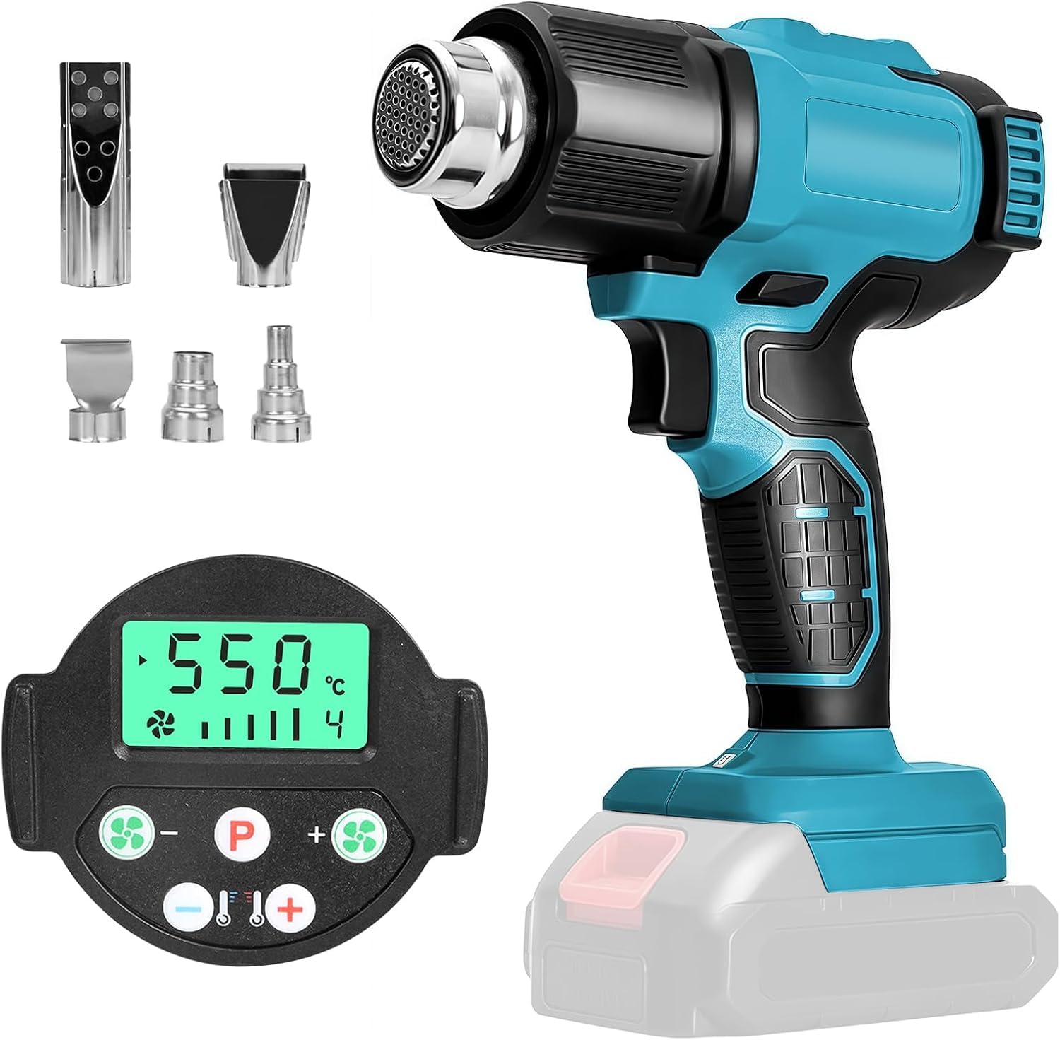 Akku Heißluftpistole für Makita 18V, Heißluftgebläse LCD-Display Heißluftfön mit 5 Düsen, 2 Temperatureinstellungen, max. 550 °C für Kunsthandwerk Schrumpfschläuche Harz Dekorieren (ohne Akku)