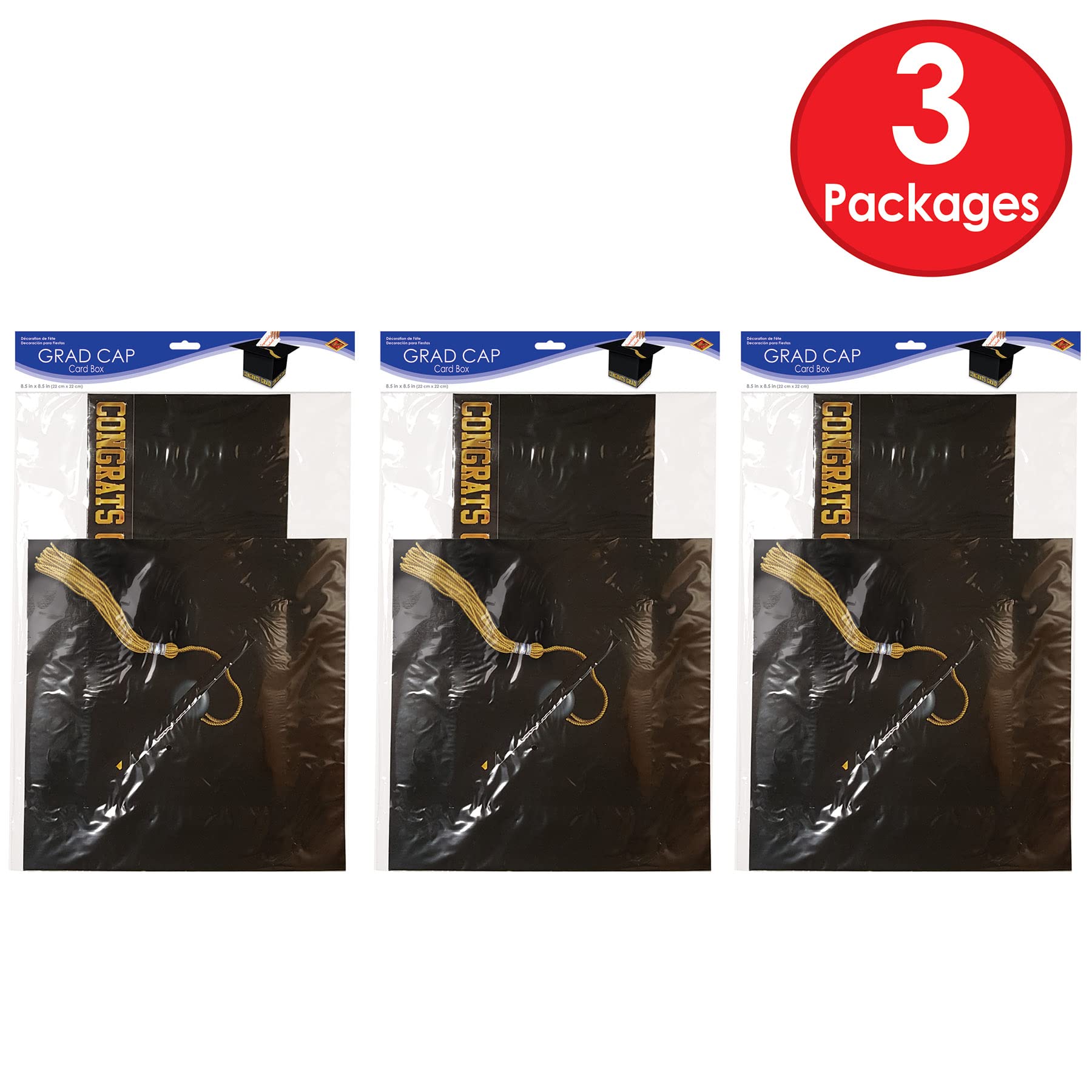 Beistle 3 Stück Geschenkkartons mit Grad Kappe für Abschlussfeier, Partyzubehör und Dekorationen, 21,6 x 21,6 cm, Schwarz/Gold