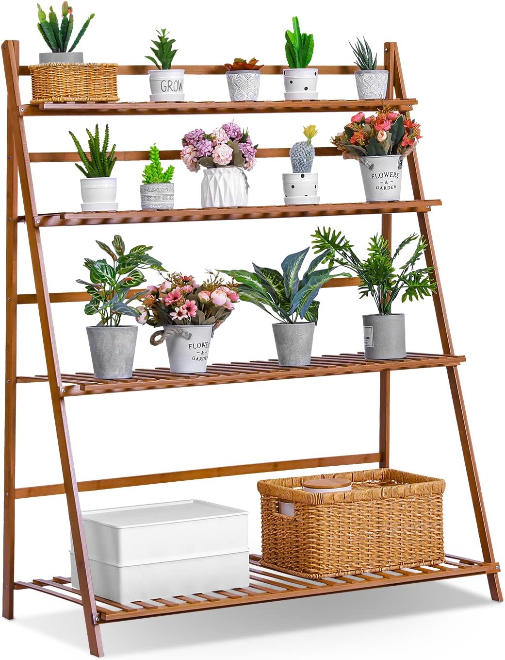 MoNiBloom Folding Bamboo Ladder Shelf 4 Tier Flower Pot Plant Display Rack Stand Organizer Holder for Home Garden Patio Balcony Indoor Outdoor Use, Brown
