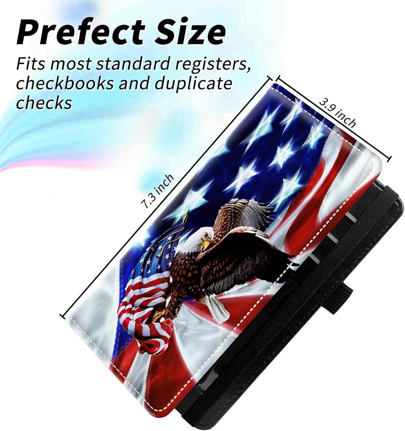 Check Book Cover for Personal Checkbook, Dikoe Premium Leather Checkbook Cover Plastic Insert Flap Card Holder Pen Hoop Holder with RFID Blocking Slim Wallet for Women Men, Eagle on American Flag
