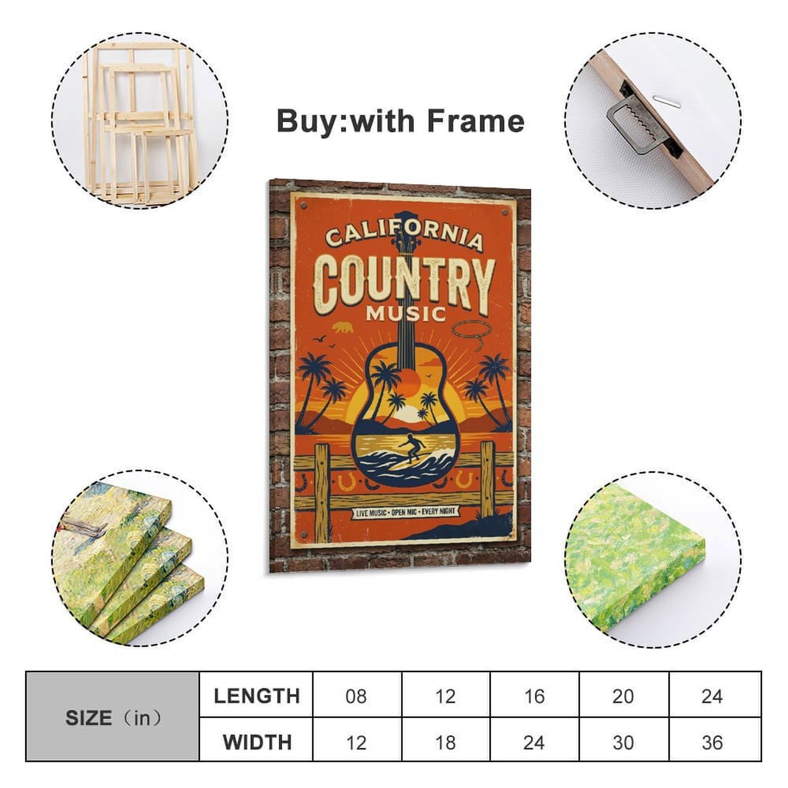OKNGB Poster decorativo da parete su tela, stile retrò, con musica country e tramonto sulla costa occidentale, poster decorativo moderno per camera da letto, per camera da letto, 60 x 90 cm