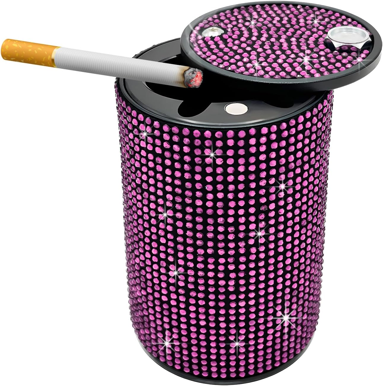 Stainless Steel Bling Car Ashtray, Fireproof Rhinestone Auto Cigarette Ash Tray with Lid, Smokeless Vehicle Mini Ashtray Crystal Diamond Interior Decor for Women Girls (Pink)