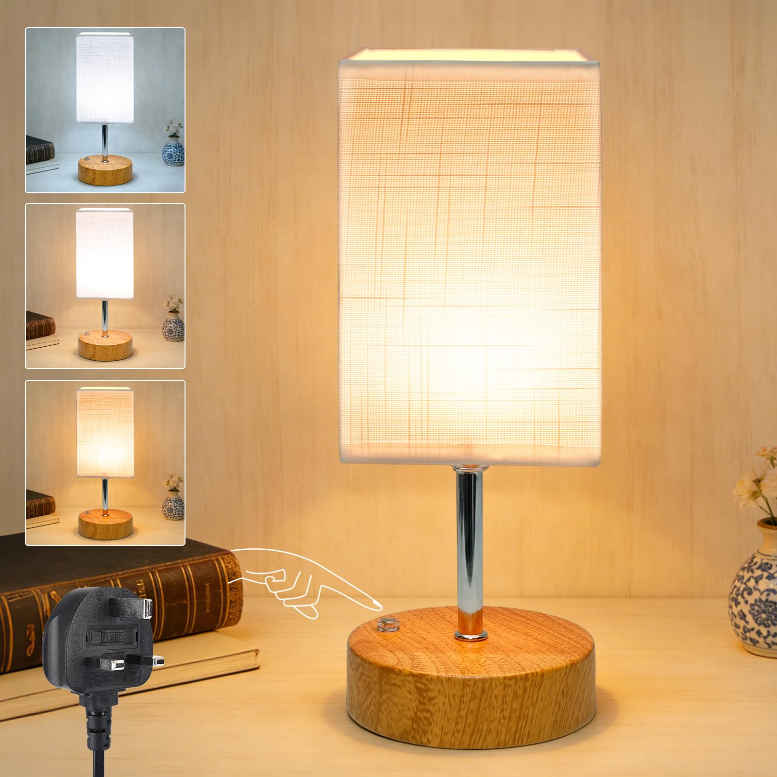 Wudyfei Bedside Lamps, Touch Table Lamp Stepless Dimmable 3 Color Temperature with Fabric Shade LED Minimalist Small Side Lamp for Bedroom Living Room Kids Room Study Dorm Office Gift