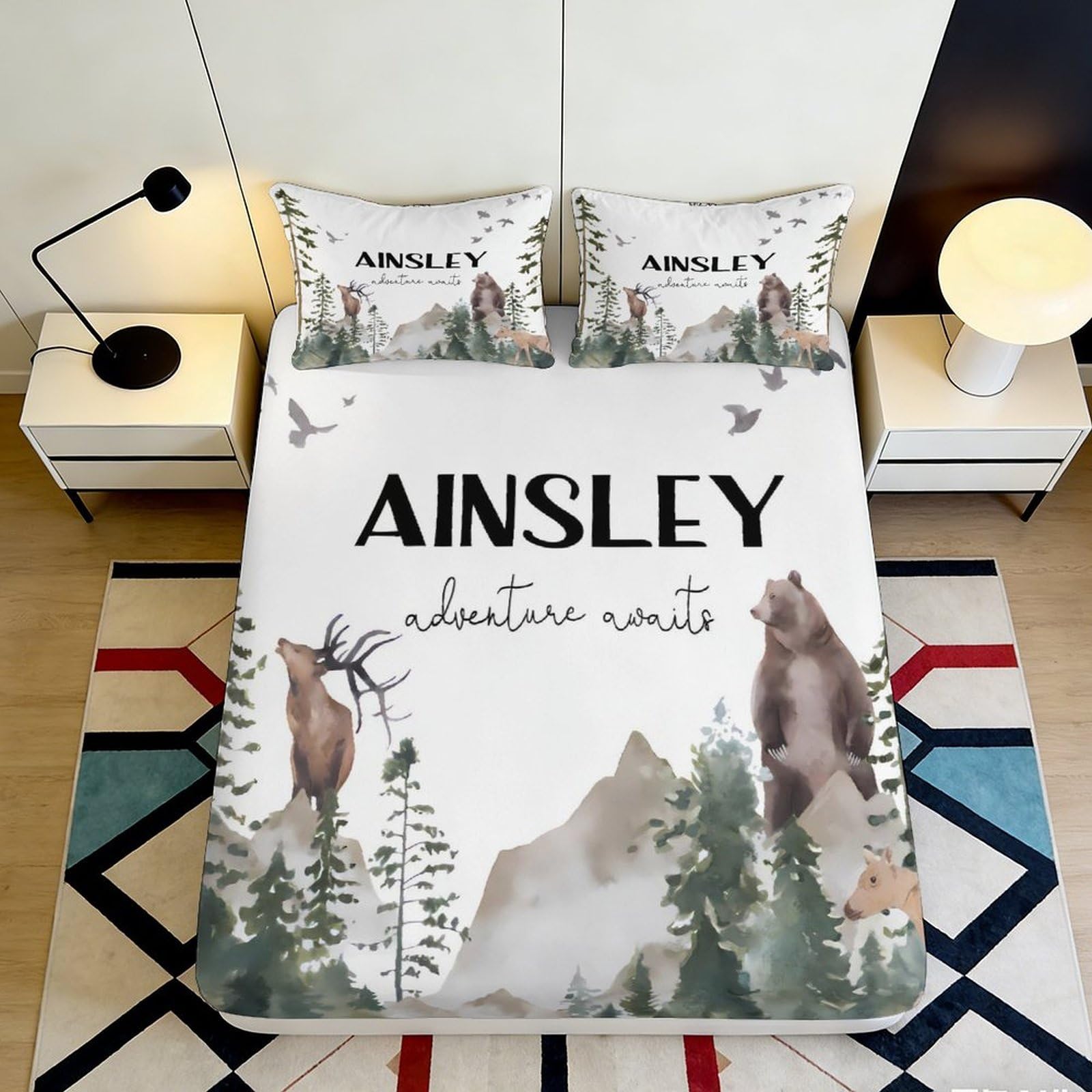 3D Printed Forest Elk Fitted Sheet Microfiber Soft Bear Mountain Mattress Cover for Bedroom Guest Room Decor 90x200x25cm