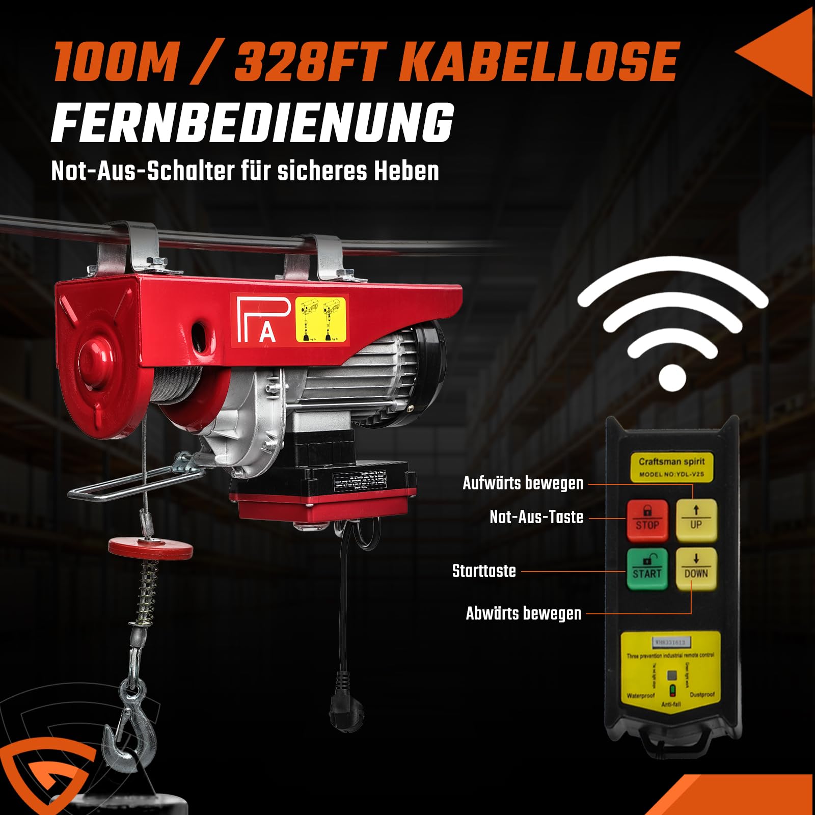 Elektrische Seilwinde 300kg bis 600kg Hubhöhe 12m Seilzug Motorwinde Flaschenzug 10m/min Hubgeschwindigkeit Dual-Modus(Einfach- und Doppelseile）Hebezug mit kabelloser Fernbedienung Seilhebezug Ketten
