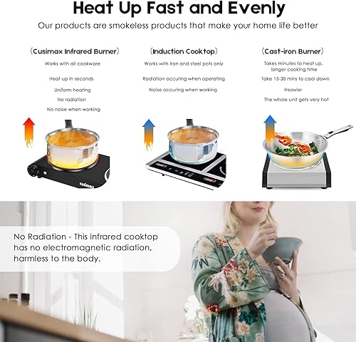 Vista 12 de CUSIMAX estufa eléctrica portátil, 1200 W, infrarroja, una hornilla, se calienta en segundos, 7 pulgadas de vidrio cerámico, para dormitorio