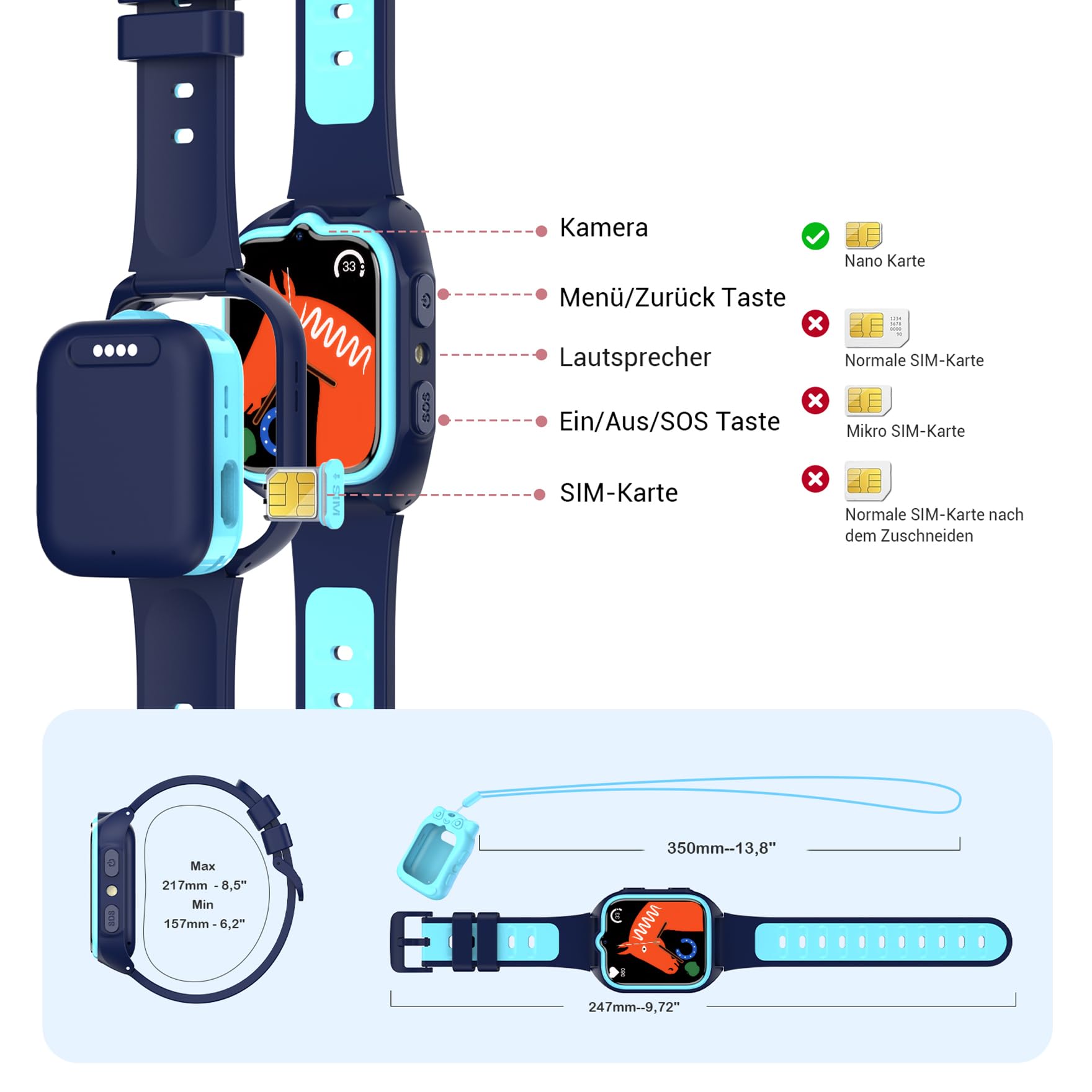 Blackview Smartwatch Kinder, GPS, Kann SIM-Karte einstecken, Uhr mit 4G Videoanrufe, SOS Notruf, Telefonanruf, Sprachchat, SMS, Schulmodus, Schrittzähler, Kinderuhr für Junge und Mädchen