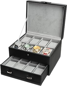 SANZIE Watch Box, 16-Slot Watch Case Organizer for Men, 2 Layers Black
