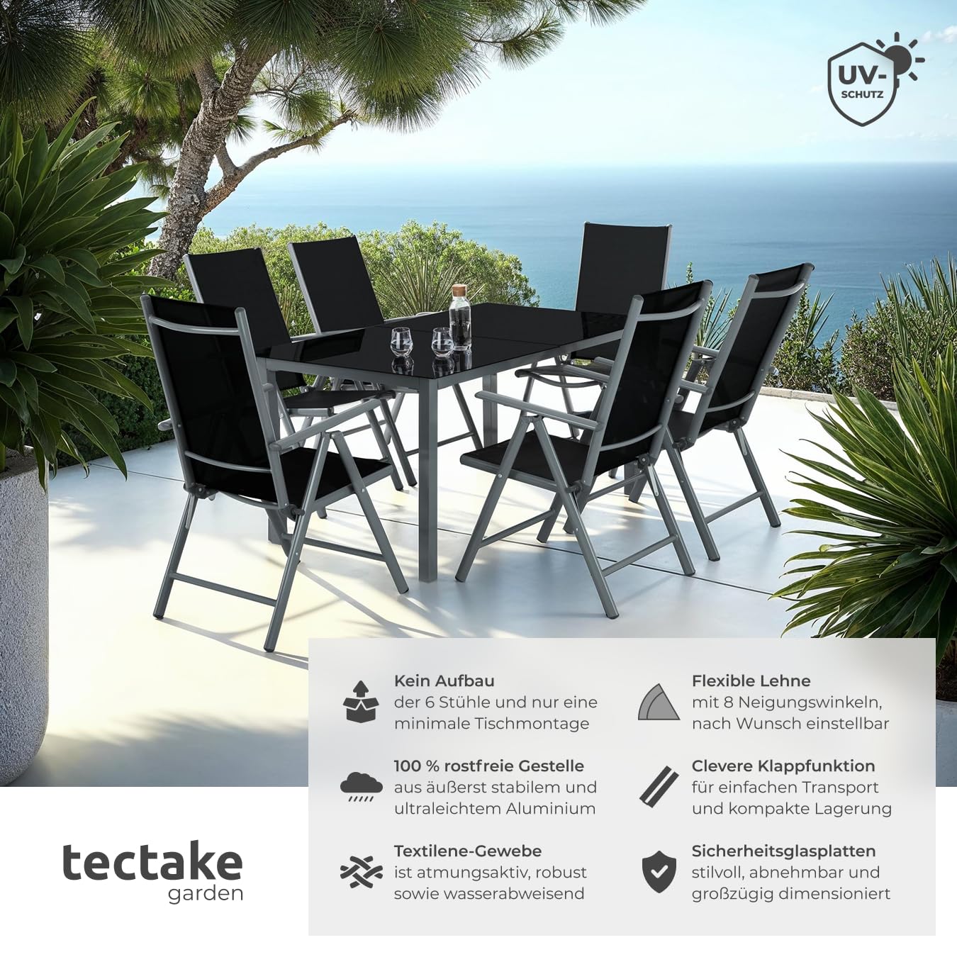 tectake® Sitzgarnitur Aluminium Klappstühle, Lounge Set mit 6X Stühle und 1x Glastisch Esstisch, Gartenmöbel Set wetterfest für den Balkon, Gartenstühle, Terrassenmöbel, Liegestuhl - anthrazit