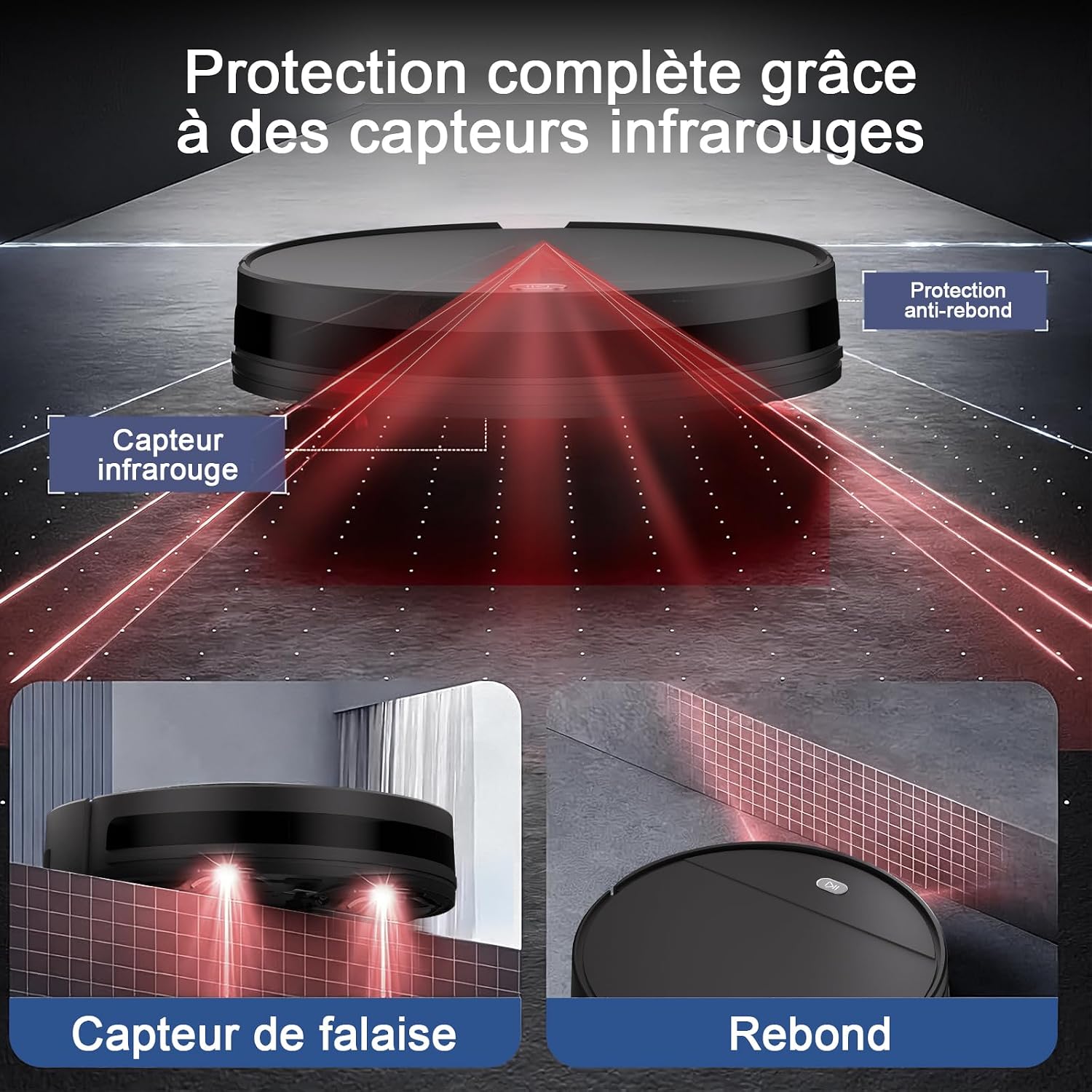 Diagram showing the robot vacuum's infrared sensors for obstacle detection and cliff avoidance, ensuring comprehensive protection.