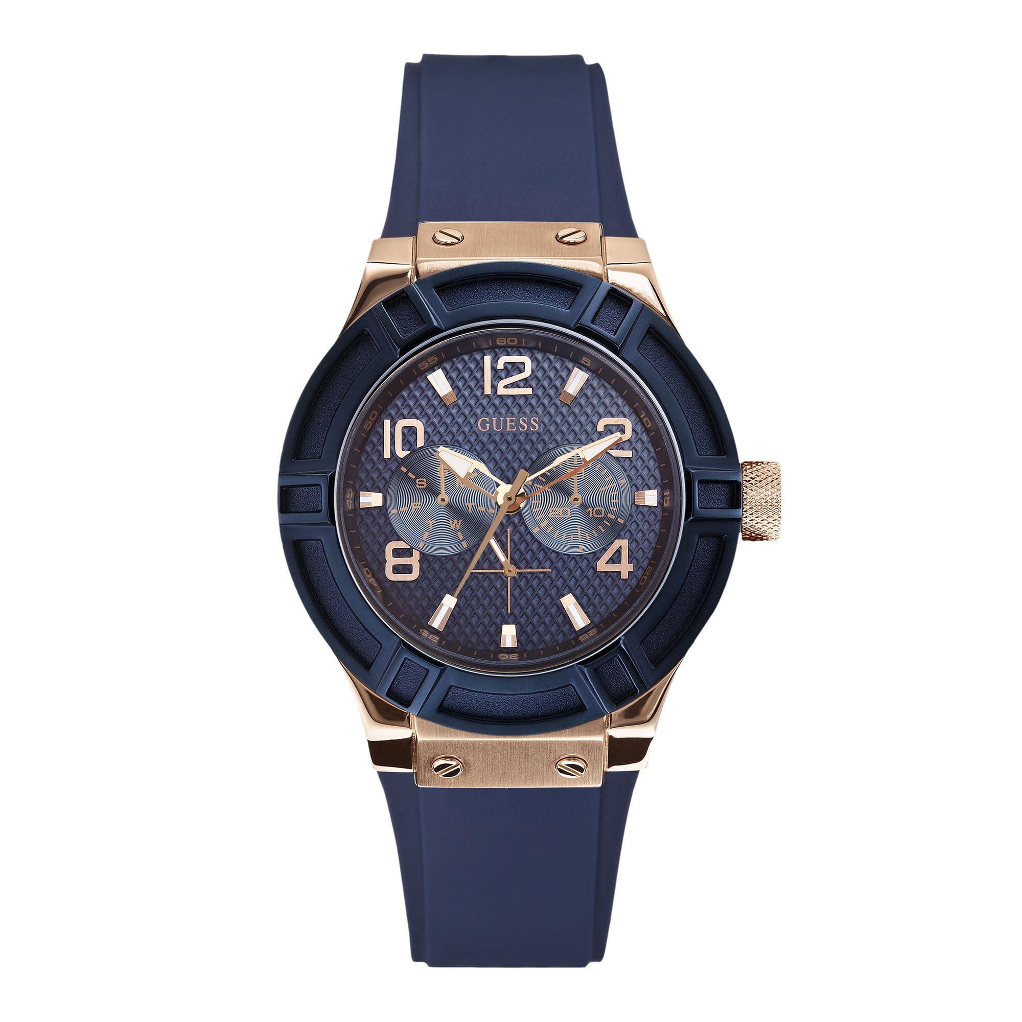 Front view of the GUESS U0571L1 watch with rose gold-tone case, blue dial, and blue silicone strap.