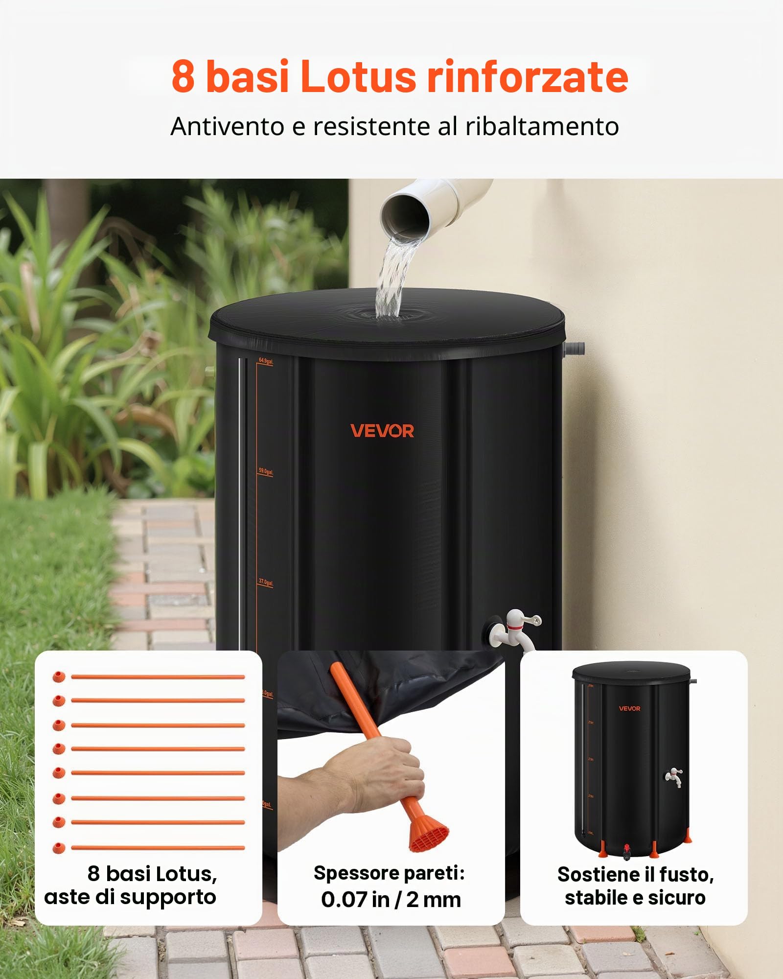 VEVOR Barile di Raccolta dell'Acqua Piovana Pieghevole, da 250 L, Sistema di Raccolta dell'Acqua Piovana, Contenitore Resistente alla Pioggia da Giardino con Rubinetto e Kit di Troppo Pieno, Nero