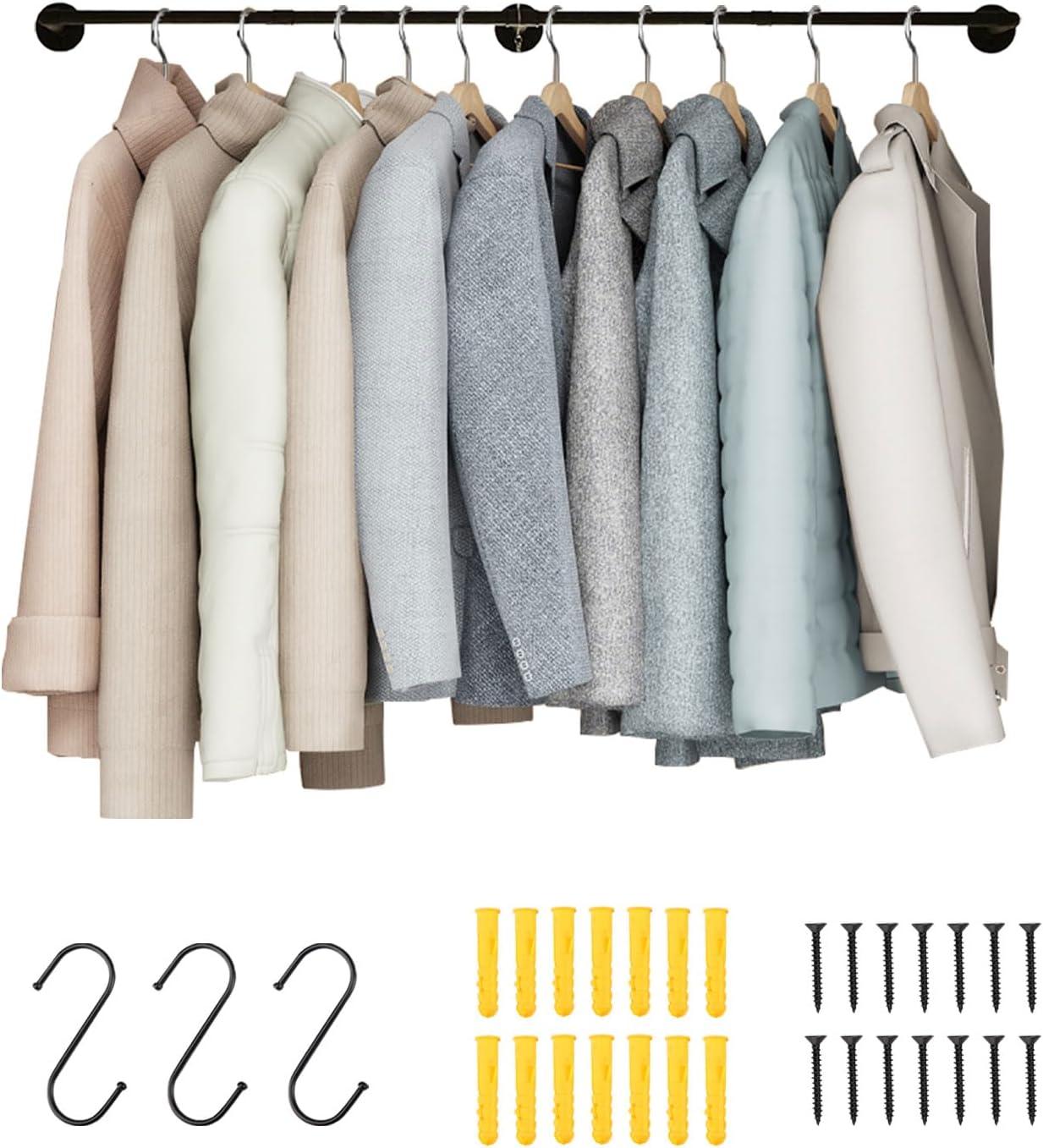 Industrial Pipe Clothing Rack,72.5inch Closet Rods for Hanging Clothes,Plant Hanging Rod,Metal Wall Mount Plant Hanging Rod,Multi-Purpose Hanging Rod for Bedroom,Laundry Room and Plants hanging