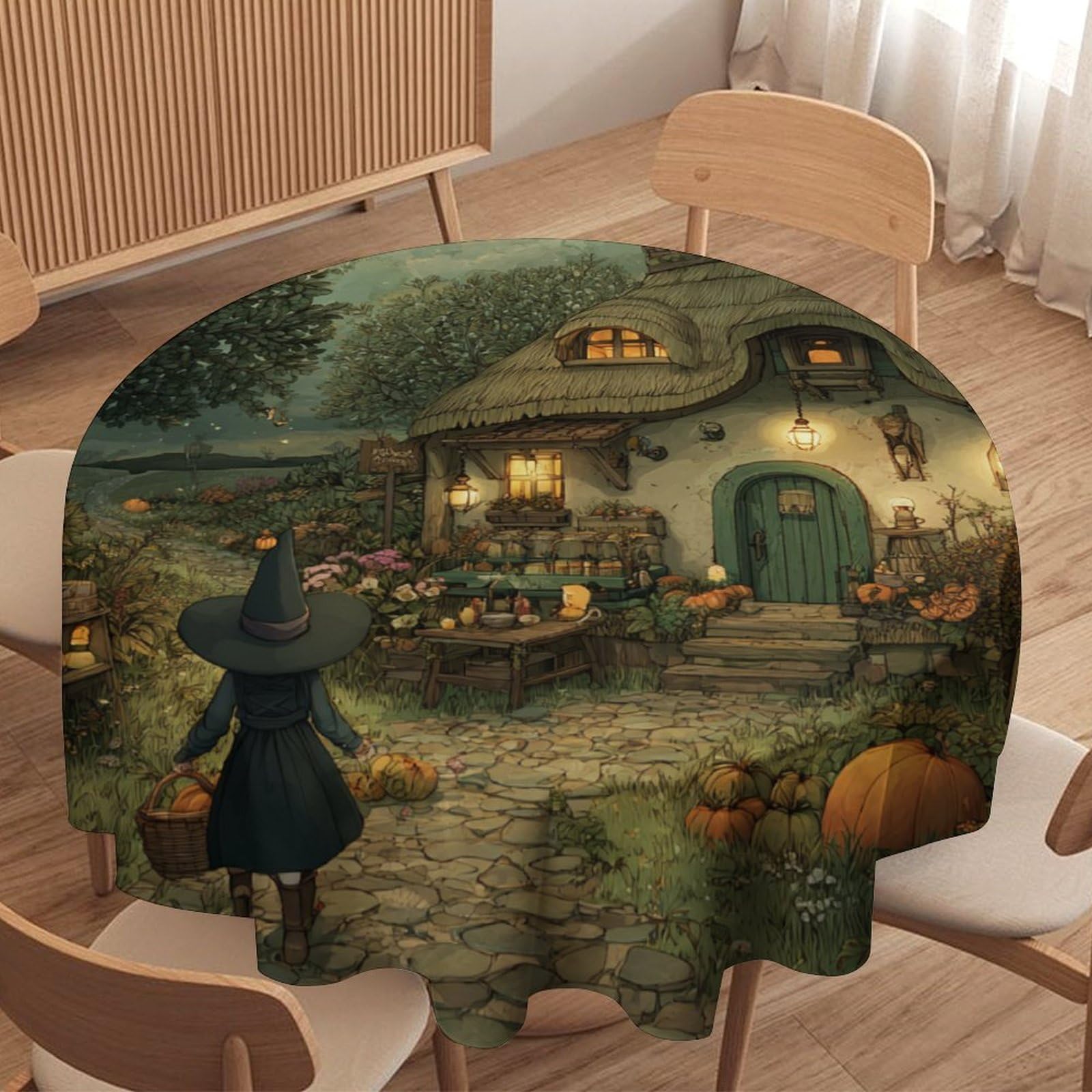 LUYYSKY Rustic Realistic Halloween Witch Waterproof Round Tablecloth Gothic Oil Painting Enchanted Forest Animal Birds Crow Pumpkin Floral Washable Table Cover for Kitchen-152.4" Wx152.4 L cm