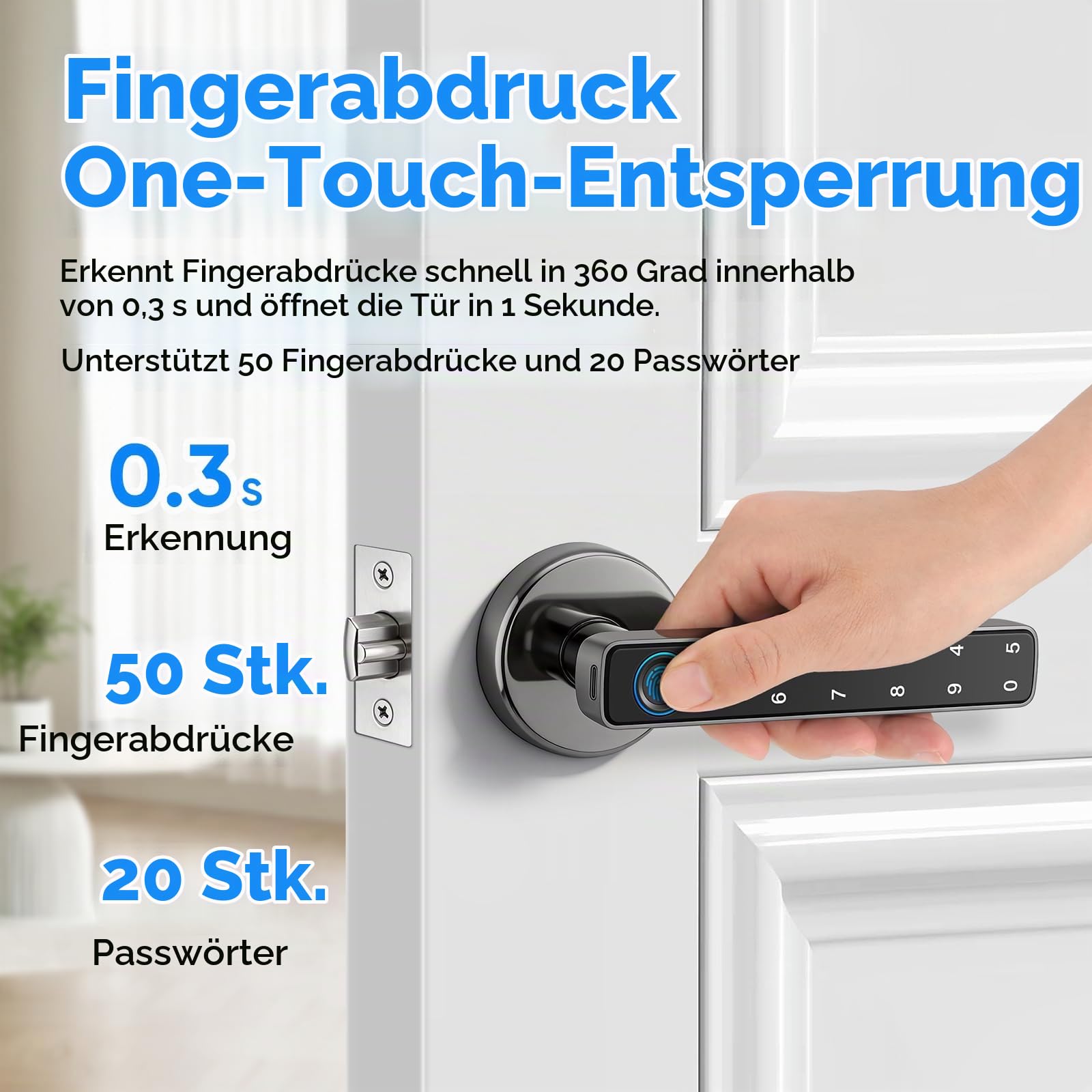 MYPIN Smart-Türknauf mit Fingerabdrucksensor, Tastatur und App-Steuerung, lokaler Datenspeicher, 5 Entriegelungsmöglichkeiten, schlüsselloser Zugang für Homeoffice und Wohnung