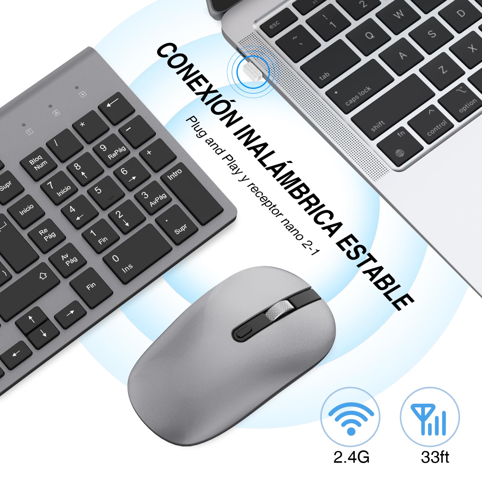 cimetech Teclado y Ratón Inalámbrico, 2.4G Combo Teclado Raton Inalambrico Español 2 en 1 USB Ultra Delgado Silencioso Mouse,Teclado y Ratón para PC/Laptops/Ordenador (Gris)