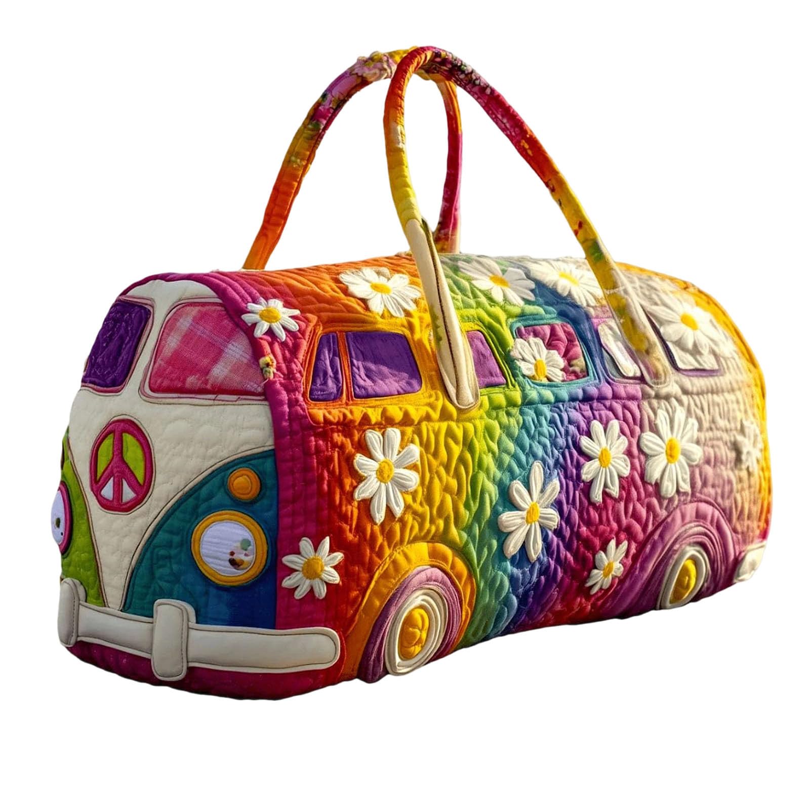 Travel Duffle Bag for Men Women, Bus Hippie Van Quilted Duffle Bag Bohemian Embroidery Weekend Bags Funny Novelty Bags Boho Retro Handbag Carry On Tote Weekender for Short Trip Camping