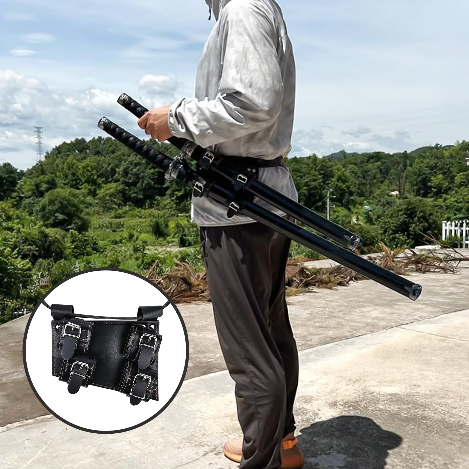 HOMURY - Soporte para espadas Katana con cinturón de 105 cm, cinturón robusto y cómodo para 2 Katana, perfecto para cosplay y entusiastas del samurái, accesorio de para fans de samurái