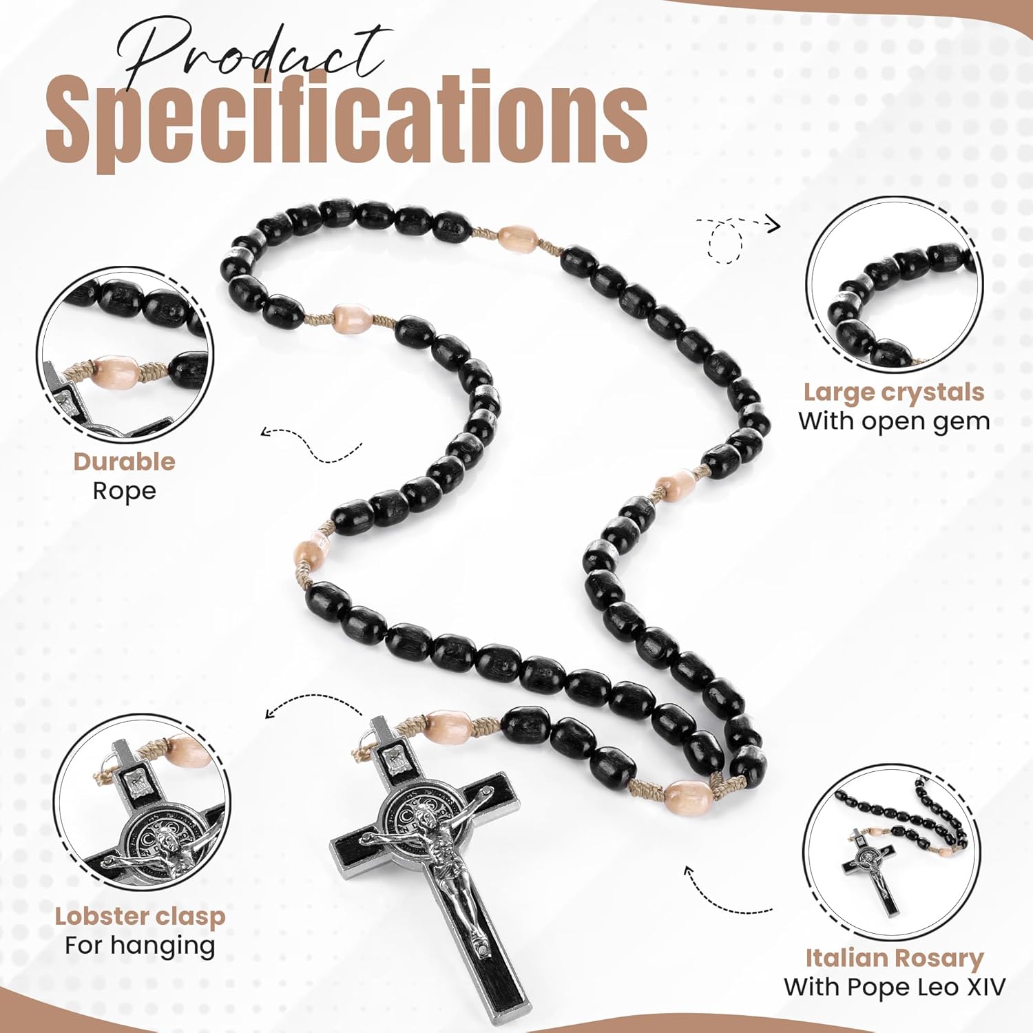 SANCTUM VERITAS Catholic Rosary Necklace | Large Bead Italian Rosary, Christian Prayer Beads for Car Mirror Decor, First Communion Religious Gift for Men and Women, Catholic Keepsake (Black Wood) - Image 4