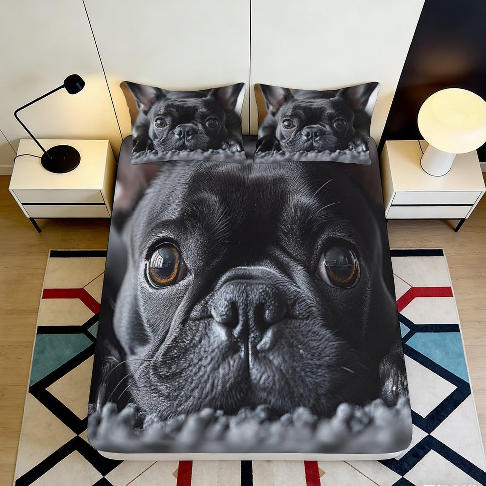 3D Printed Black Bulldog Fitted Sheet Microfiber Soft Breathable Dog Face Bed Cover for Bedroom Dormitory Guest Room Mattress Protection Decor 180x200x25cm