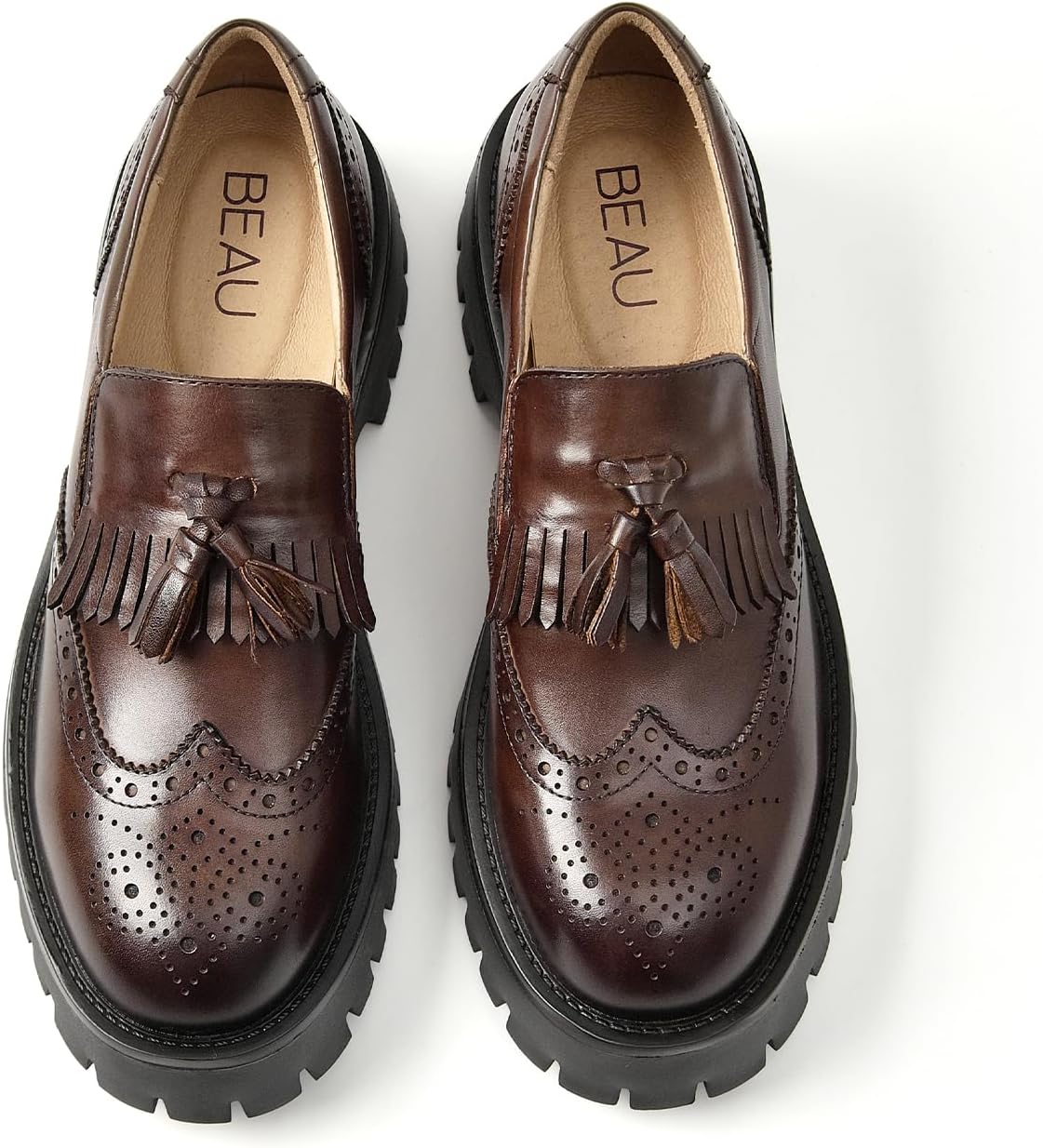 BEAU TODAY Chunky Loafers for Women, Women’s Leather Platform Loafers, Lug Sole Tassel Slip On Loafers Shoes Brogues Wingtip Casual Business Shoes Comfortable Dressy