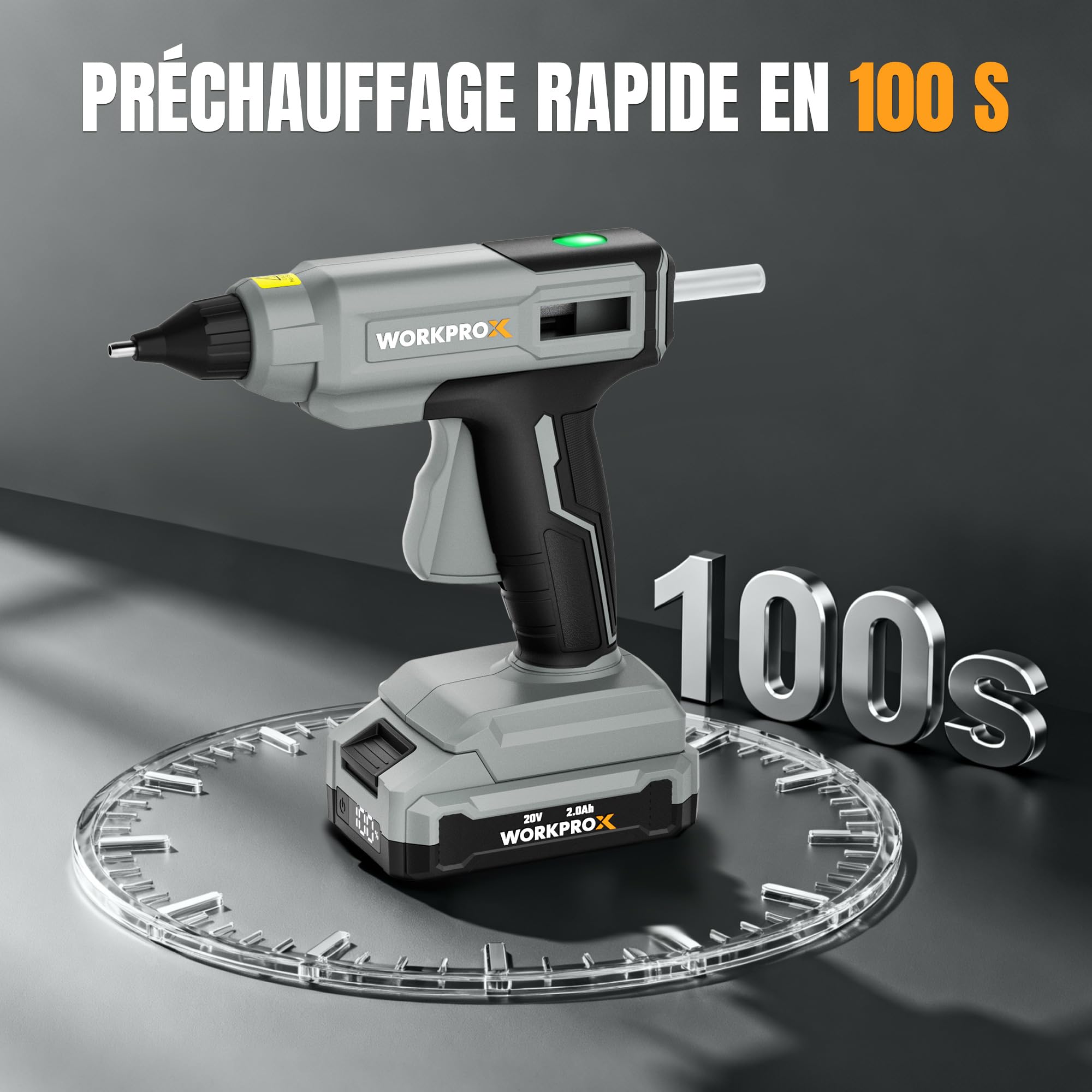 WORKPROX Pistolet à Colle Chaude Sans Fil 20V avec Batterie & Chargeur | Chauffage Rapide, Arrêt Automatique, 20 Bâtons de Colle 11×150 mm pour Bricolage, Artisanat et Réparations Rapides