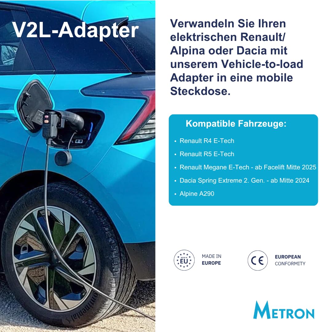 METRON V2L Adapter für Neue Renault Elektrofahrzeuge mit Vehicle-to-Load Funktion (R4, R5, Neuer Dacia Spring Extreme, Alpine A290 & A390)
