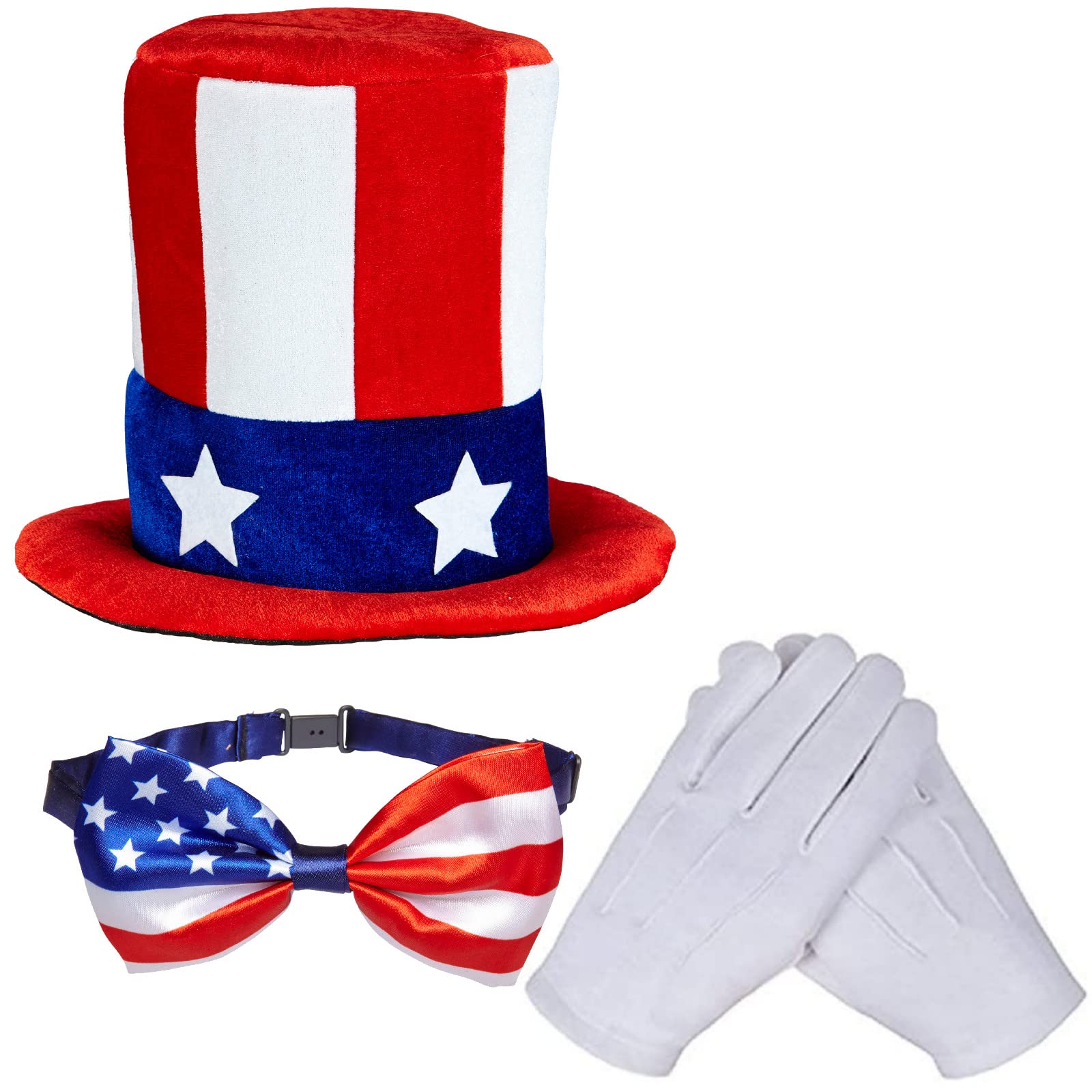 NC87 3Pcs Uncle Sam Hat 4th of July USA Patriotic Mr. America Top Hats, Bow Tie and White Gloves for Fourth of July American Independence Day Party Favor