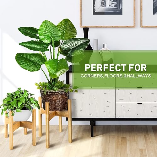 Miniatura 9 de Paquete de 2 soportes de bambú para plantas, soporte ajustable para plantas de interior, soporte moderno de mediados de siglo, soporte para plantas